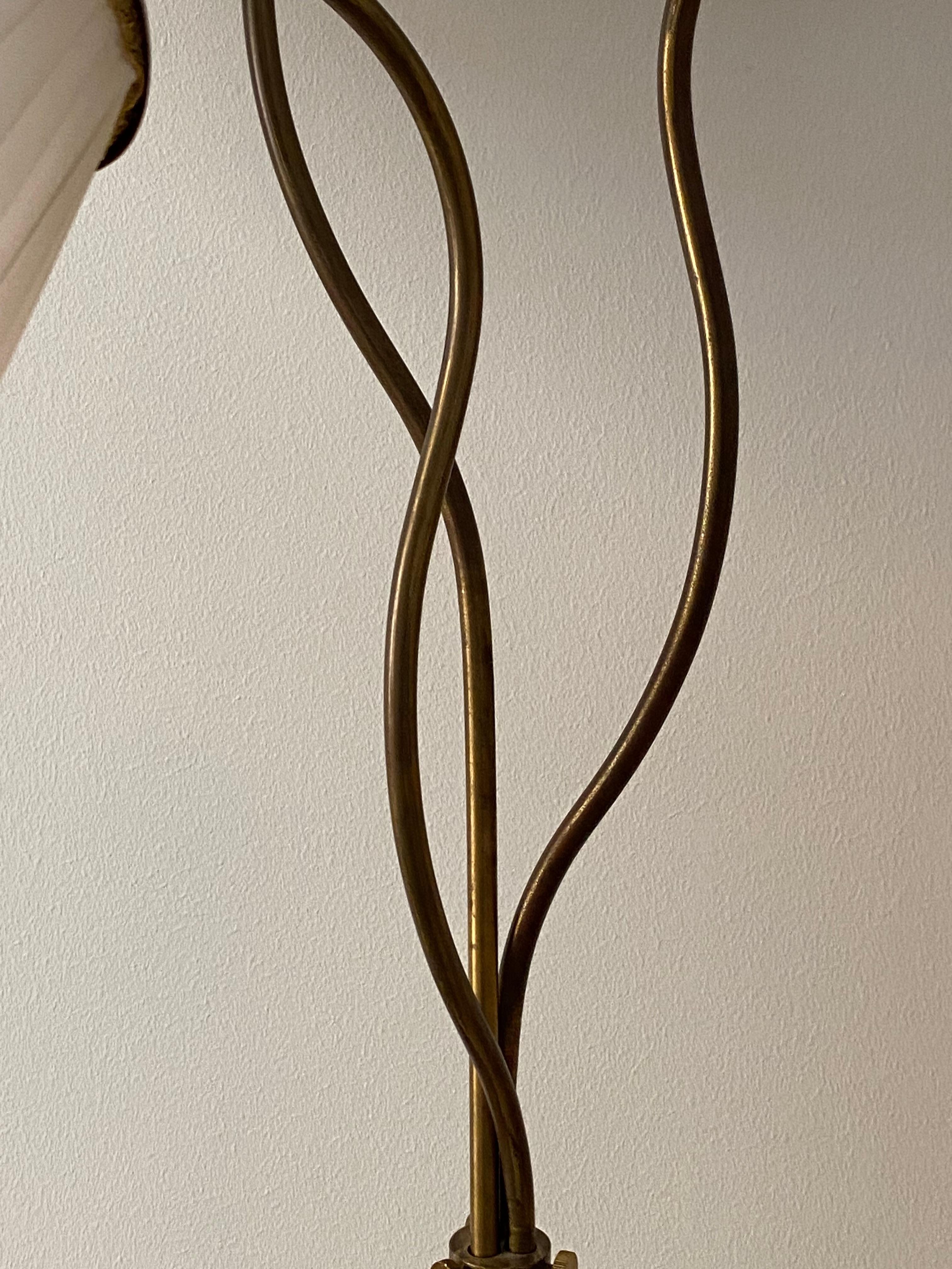 Swedish, Adjustable Organic Floor Lamp, Brass, Wood, Fabric, 1940s In Good Condition In High Point, NC