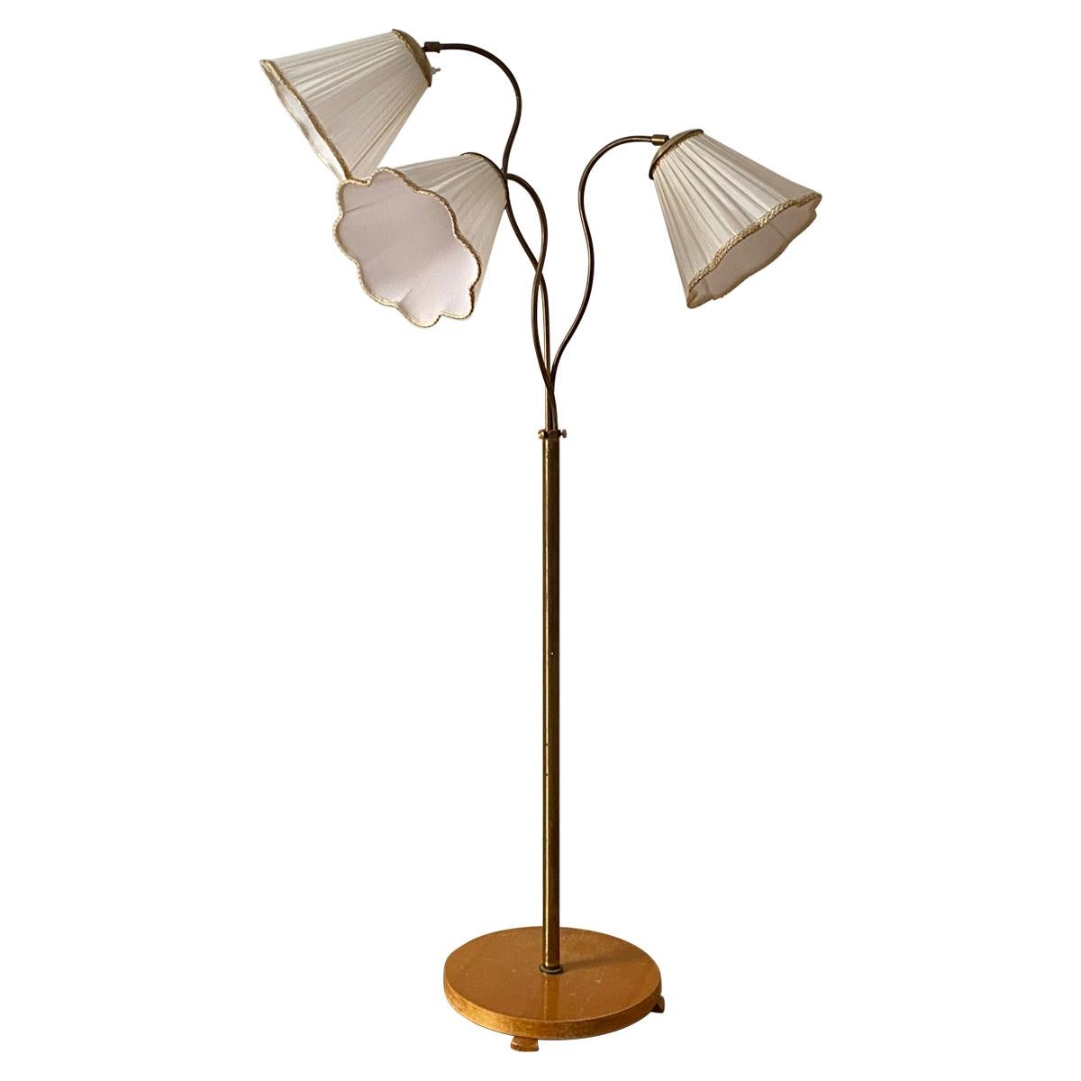 Swedish, Adjustable Organic Floor Lamp, Brass, Wood, Fabric, 1940s