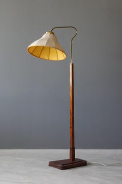 Swedish, Adjustable Organic Floor Lamp, Brass, Wood, Fabric, Sweden, 1940s