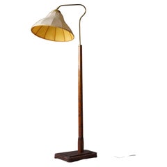 Swedish, Adjustable Organic Floor Lamp, Brass, Wood, Fabric, Sweden, 1940s