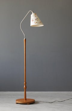Swedish, Adjustable Organic Floor Lamp, Chrome, Wood, Fabric, Sweden, 1940s