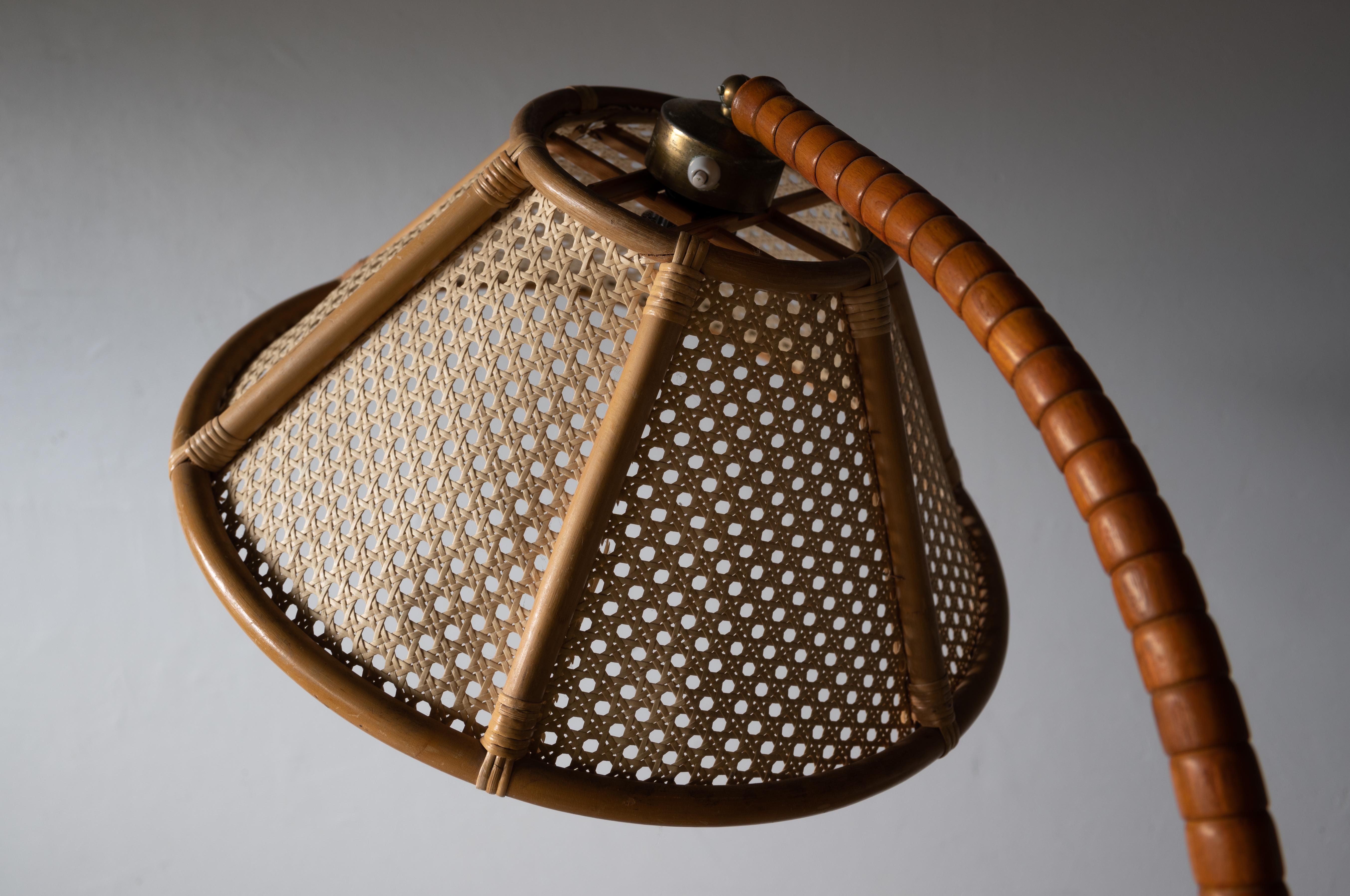Scandinavian Modern Swedish, Adjustable Organic Floor Lamp, Wood, Brass, Bamboo Rattan, Sweden 1940s