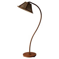 Swedish, Adjustable Organic Floor Lamp, Wood, Brass, Bamboo Rattan, Sweden 1940s