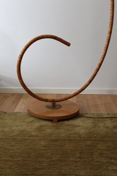 Swedish, Adjustable Organic Floor Lamp, Wood, Brass, Fabric, Sweden, 1940s