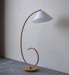 Swedish, Adjustable Organic Floor Lamp, Wood, Brass, Fabric, Sweden, 1940s