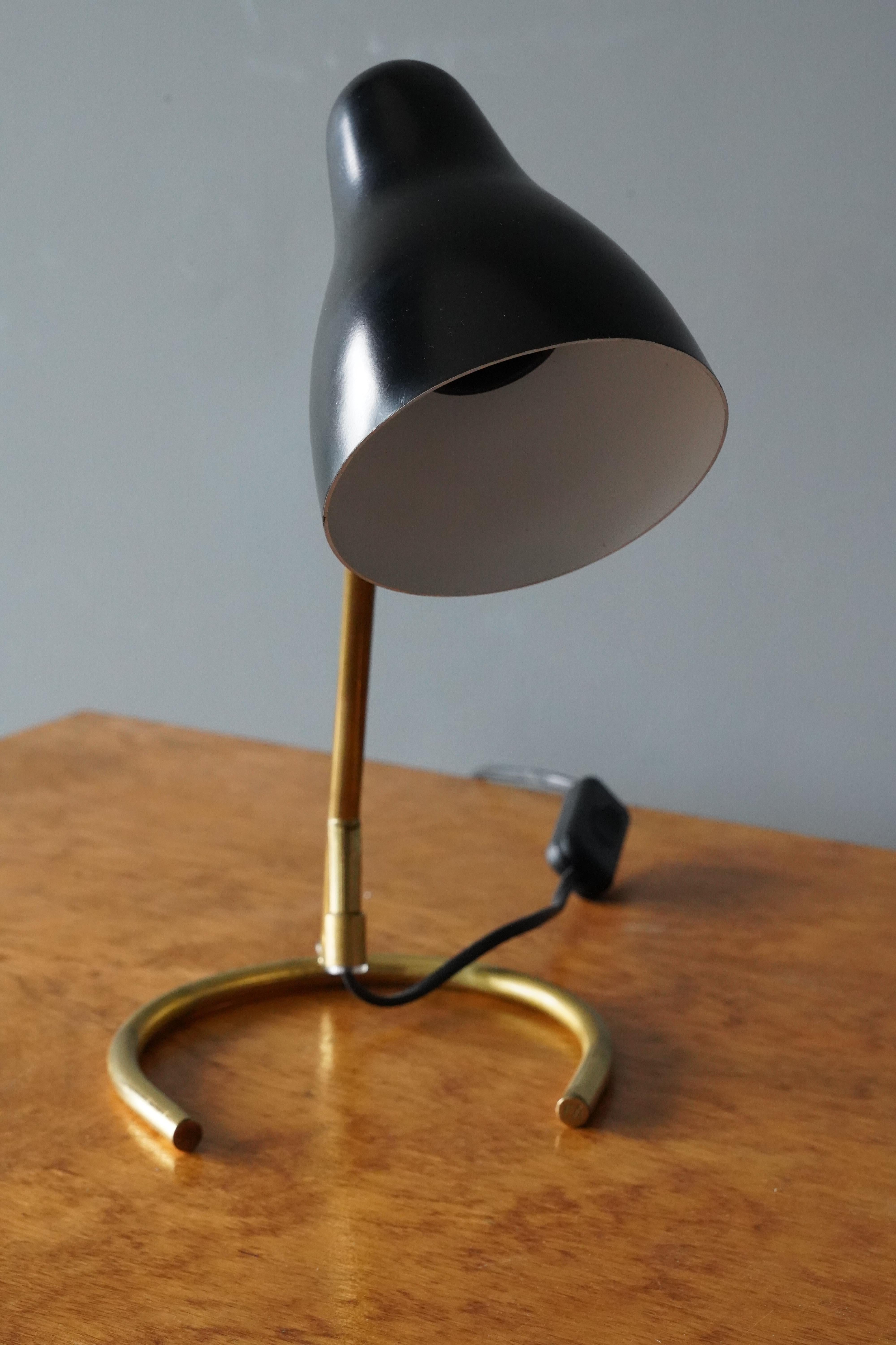 Mid-Century Modern Swedish, Adjustable Table Lamp, Brass, Black Lacquer Metal, Sweden, 1950s