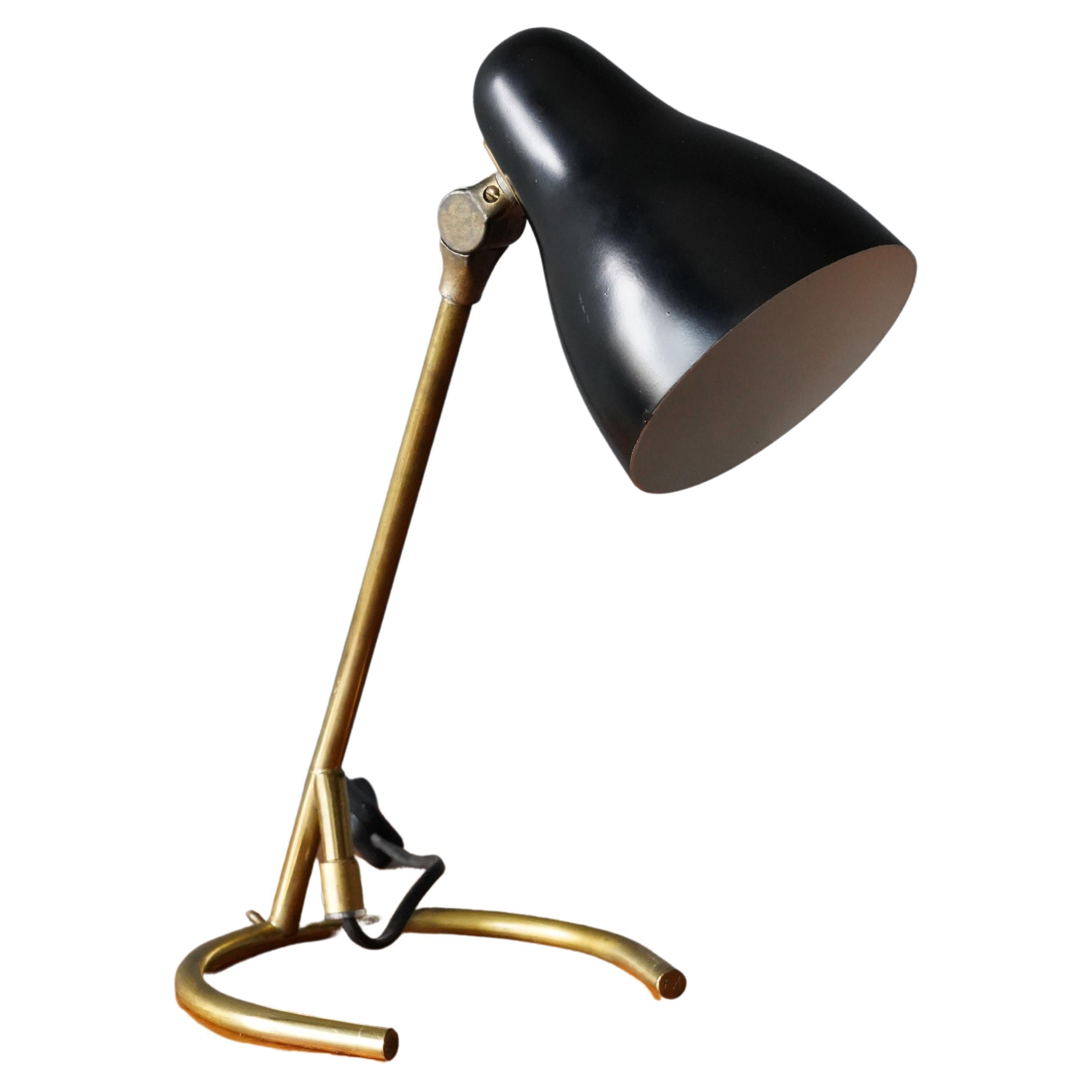 Swedish, Adjustable Table Lamp, Brass, Black Lacquer Metal, Sweden, 1950s