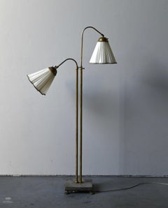Swedish, Adjustable Two-Armed Floor Lamp, Brass, Marble, Fabric, Sweden, 1940s