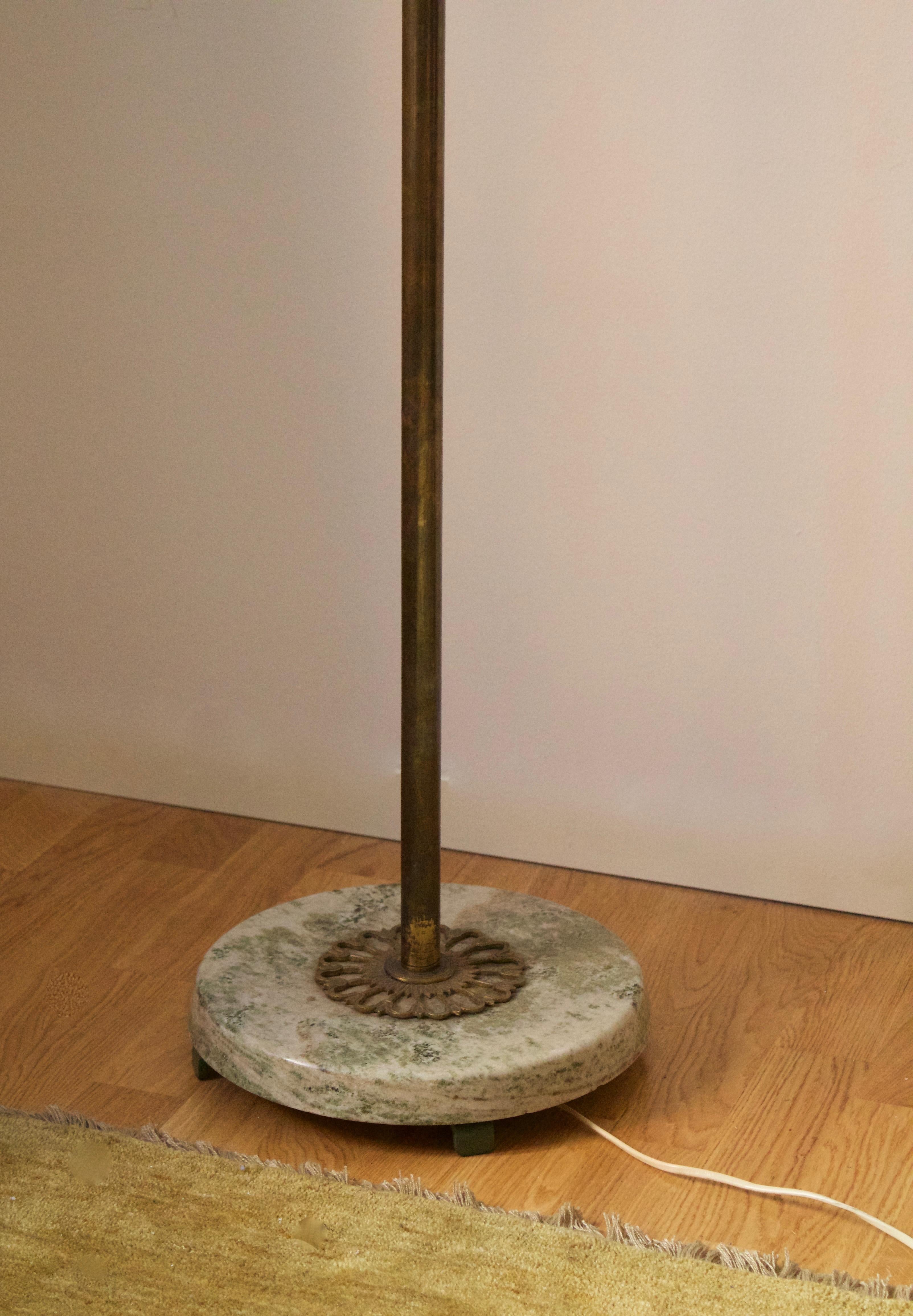 Mid-Century Modern Swedish, Adjustable Two-Armed Floor Lamp, Brass, Marble, Fabric, Sweden, 1940s