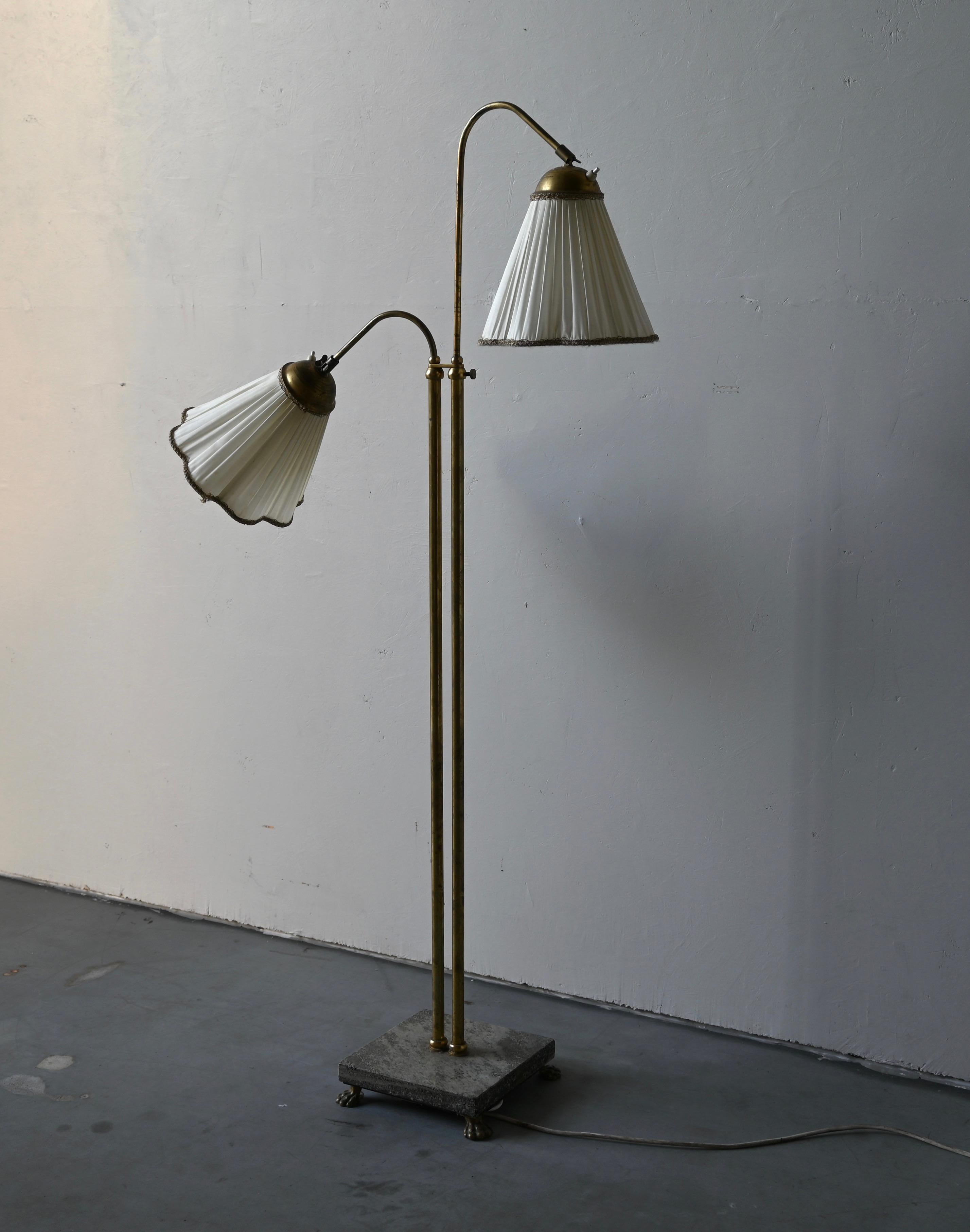 Mid-Century Modern Swedish, Adjustable Two-Armed Floor Lamp, Brass, Marble, Fabric, Sweden, 1940s
