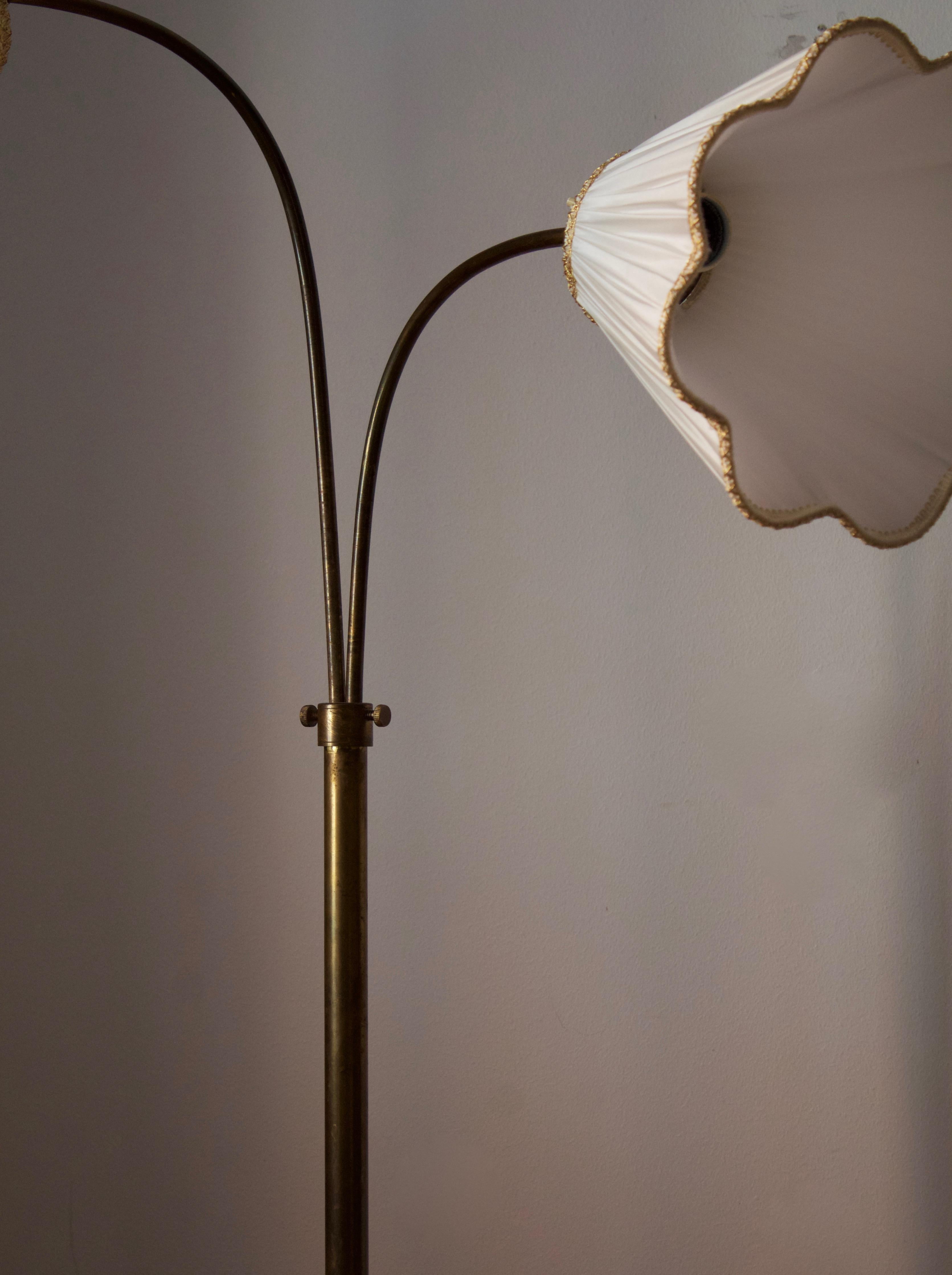 Swedish, Adjustable Two-Armed Floor Lamp, Brass, Marble, Fabric, Sweden, 1940s In Good Condition In High Point, NC