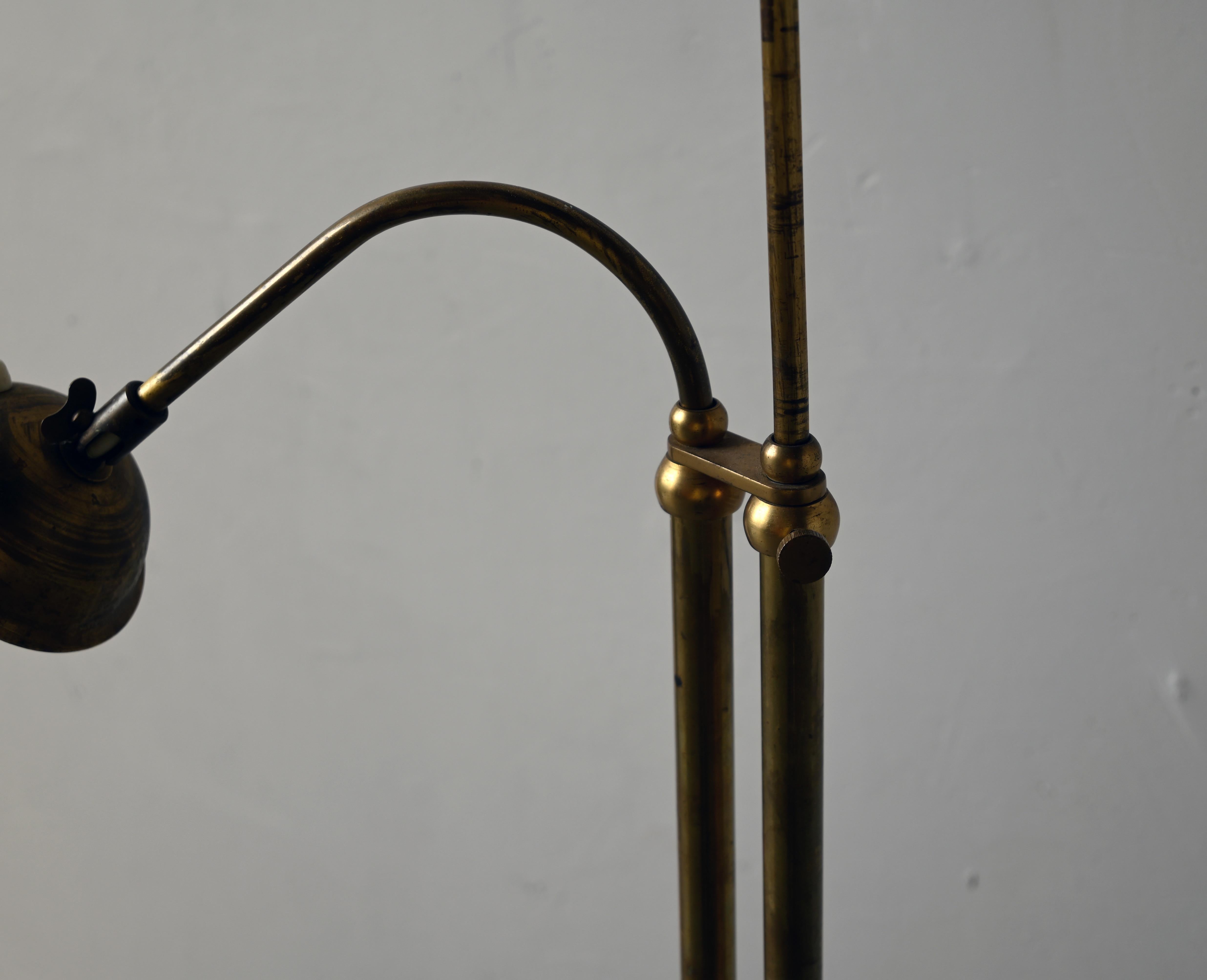 Mid-20th Century Swedish, Adjustable Two-Armed Floor Lamp, Brass, Marble, Fabric, Sweden, 1940s