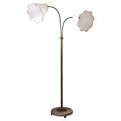 Swedish, Adjustable Two-Armed Floor Lamp, Brass, Marble, Fabric, Sweden, 1940s