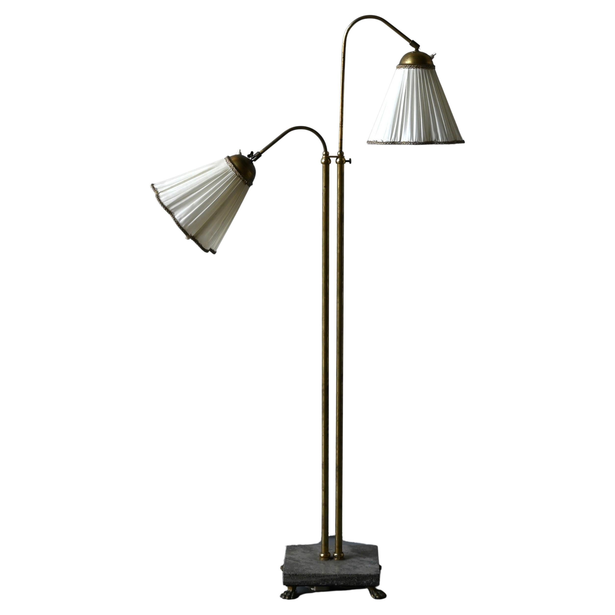 Swedish, Adjustable Two-Armed Floor Lamp, Brass, Marble, Fabric, Sweden, 1940s