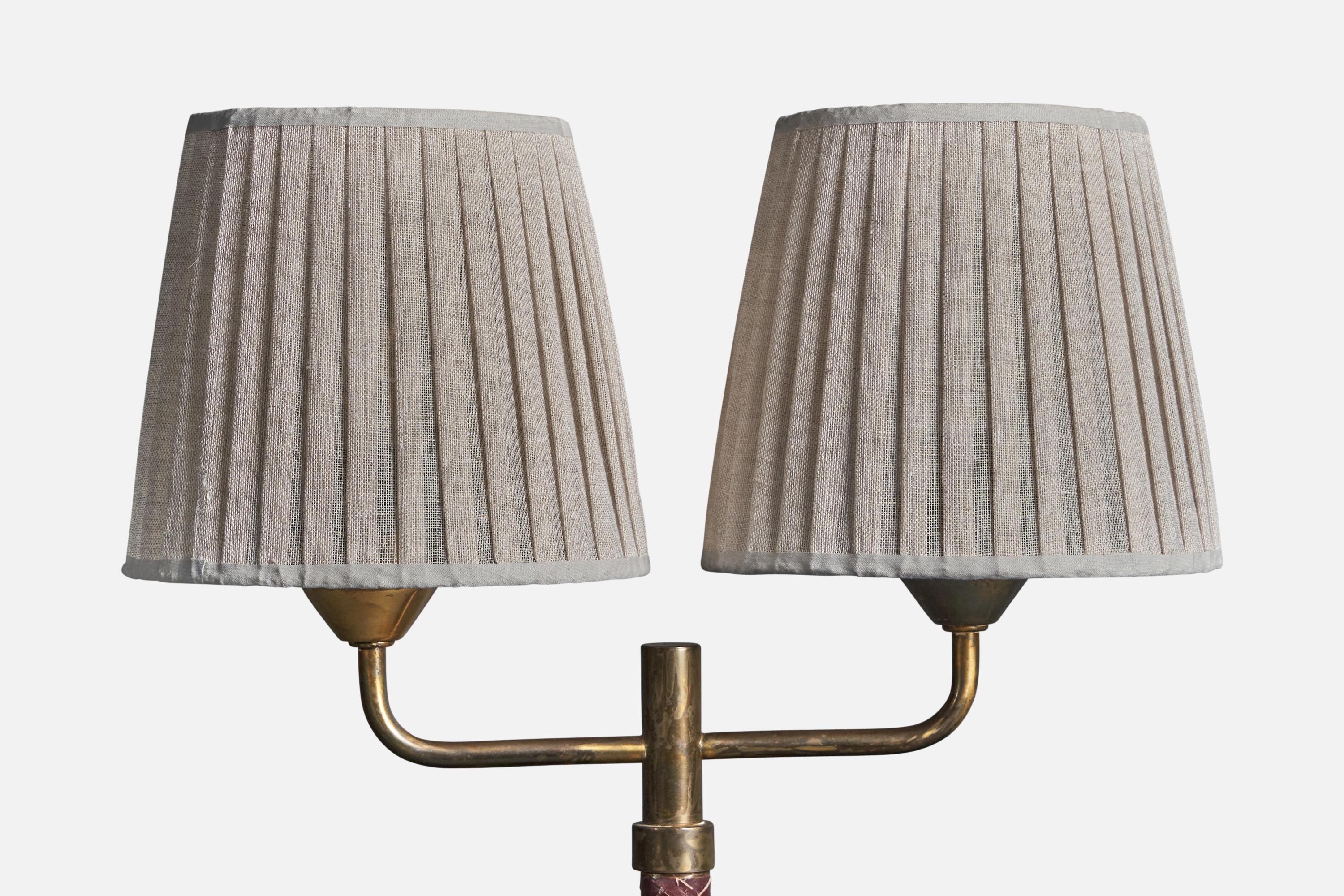 Mid-Century Modern Swedish, Adjustable Two-Armed Table Lamp, Brass, Leather, Fabric, Sweden, 1940s For Sale
