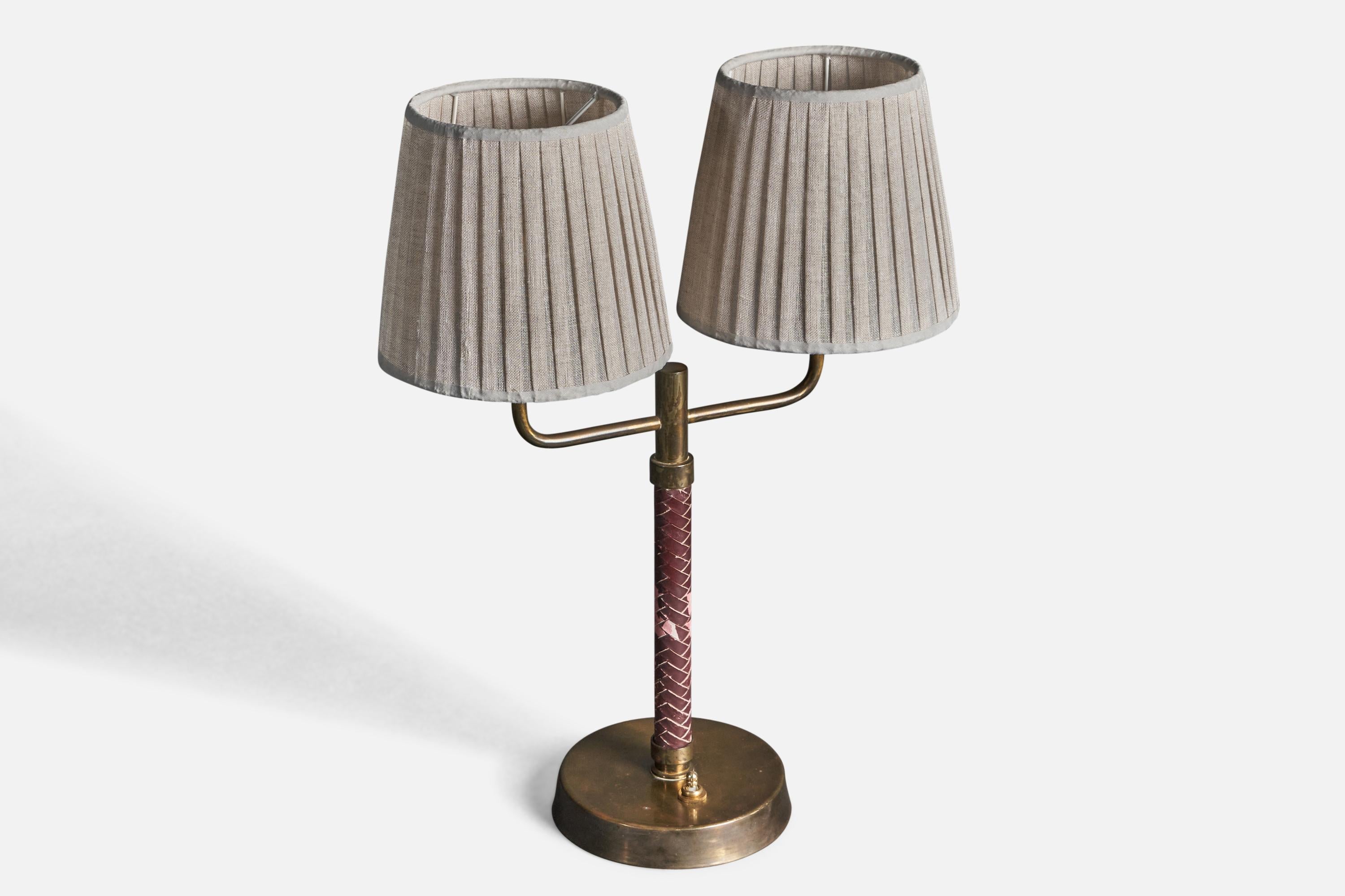 Mid-20th Century Swedish, Adjustable Two-Armed Table Lamp, Brass, Leather, Fabric, Sweden, 1940s For Sale