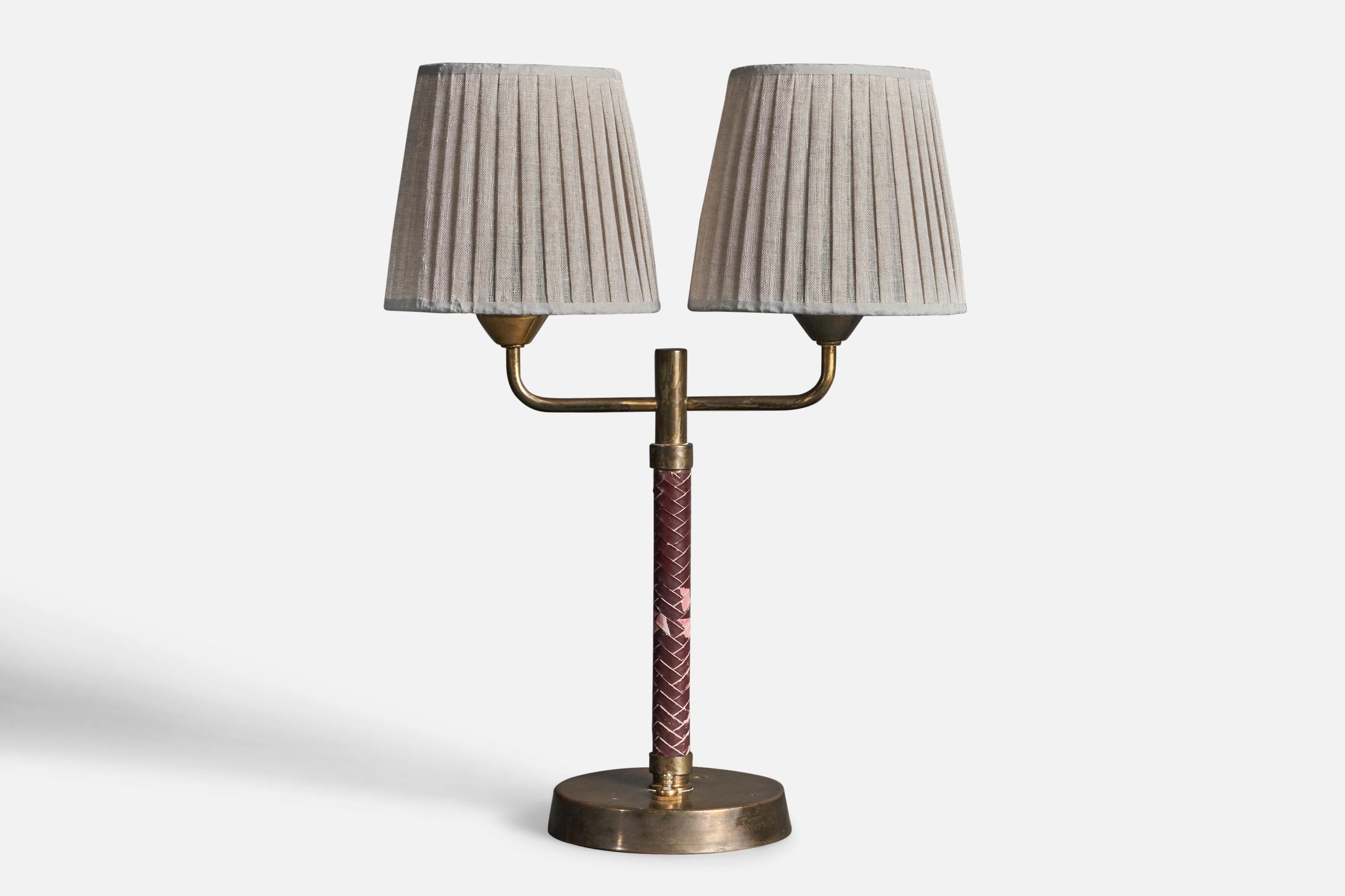 Swedish, Adjustable Two-Armed Table Lamp, Brass, Leather, Fabric, Sweden, 1940s For Sale 1