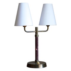Swedish, Adjustable Two-Armed Table Lamp, Brass, Leather, Fabric, Sweden, 1940s