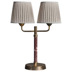 Swedish, Adjustable Two-Armed Table Lamp, Brass, Leather, Fabric, Sweden, 1940s