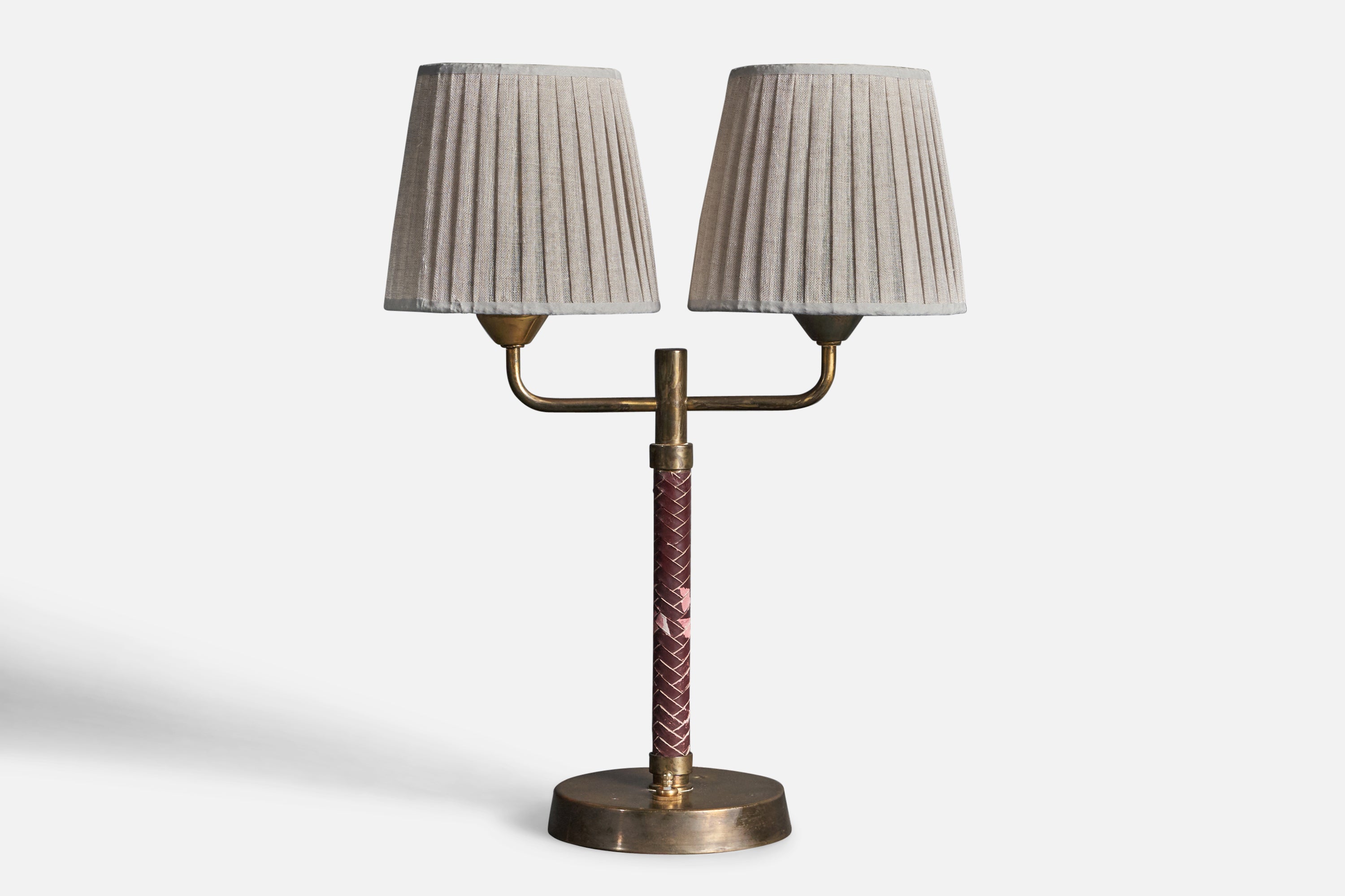 Swedish, Adjustable Two-Armed Table Lamp, Brass, Leather, Fabric, Sweden, 1940s For Sale