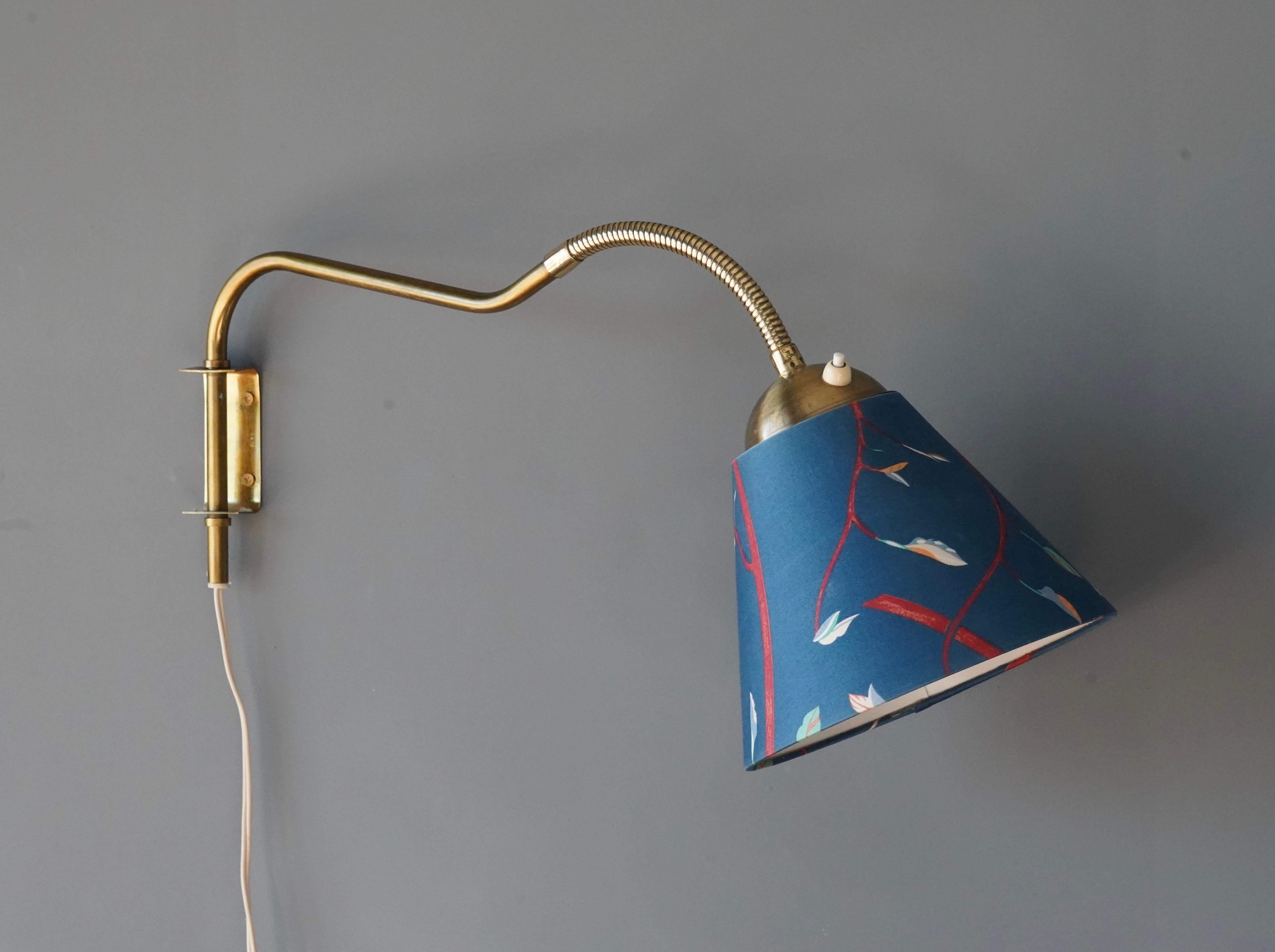 Scandinavian Modern Swedish, Adjustable Wall Light, Brass, Blue Fabric, Sweden, 1940s For Sale