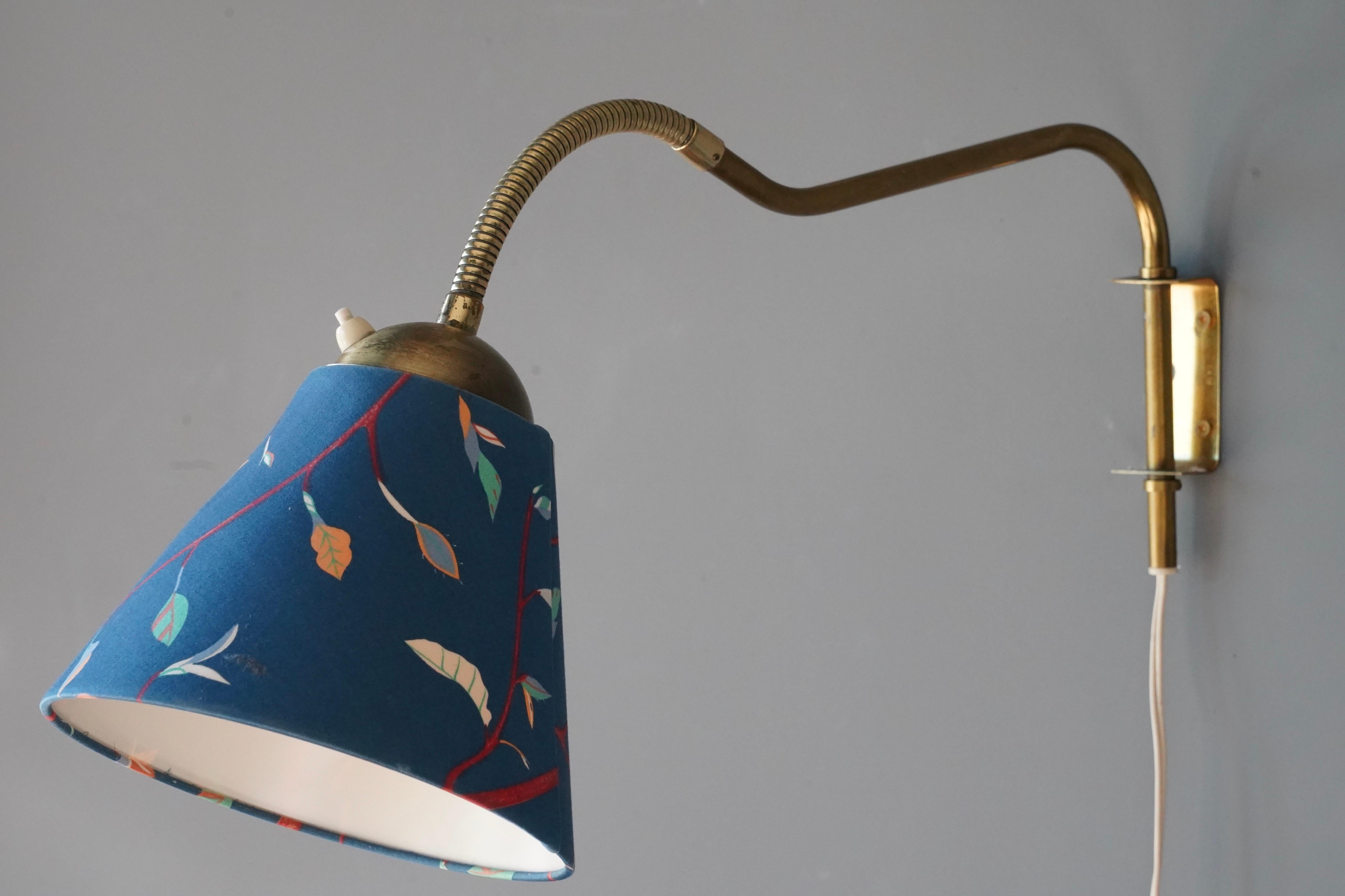 Mid-20th Century Swedish, Adjustable Wall Light, Brass, Blue Fabric, Sweden, 1940s For Sale