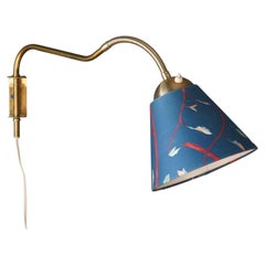 Vintage Swedish, Adjustable Wall Light, Brass, Blue Fabric, Sweden, 1940s