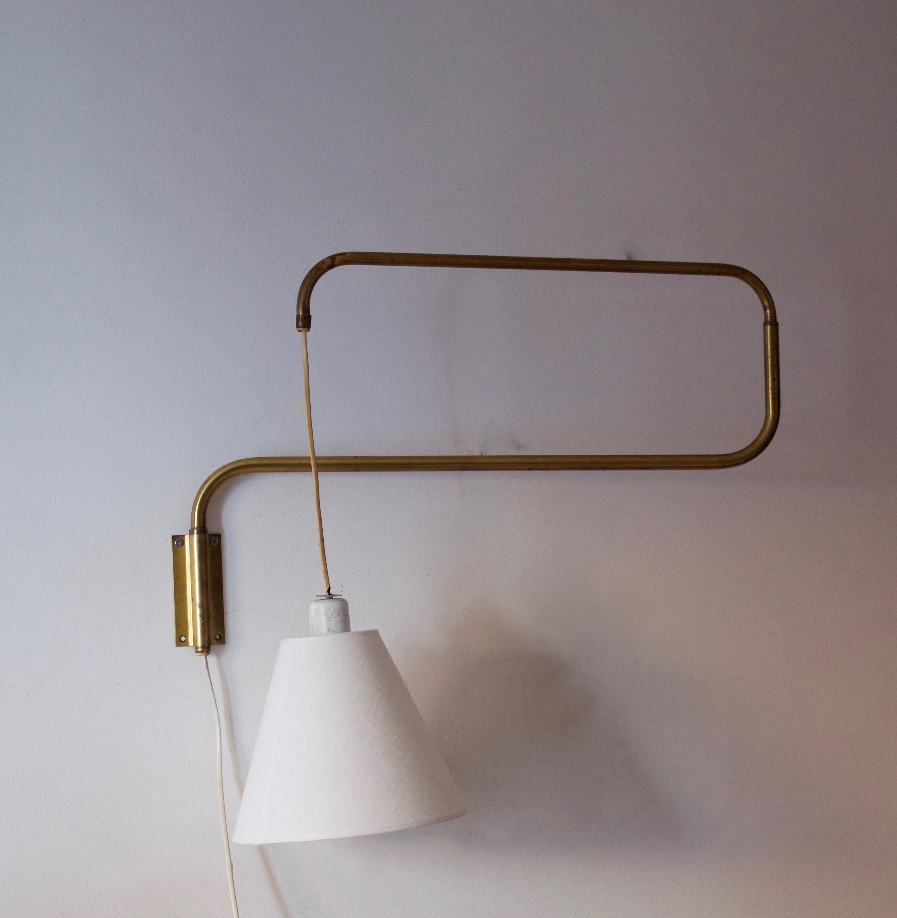 Mid-Century Modern Swedish, Adjustable Wall Light, Brass, Fabric, Sweden, 1950s