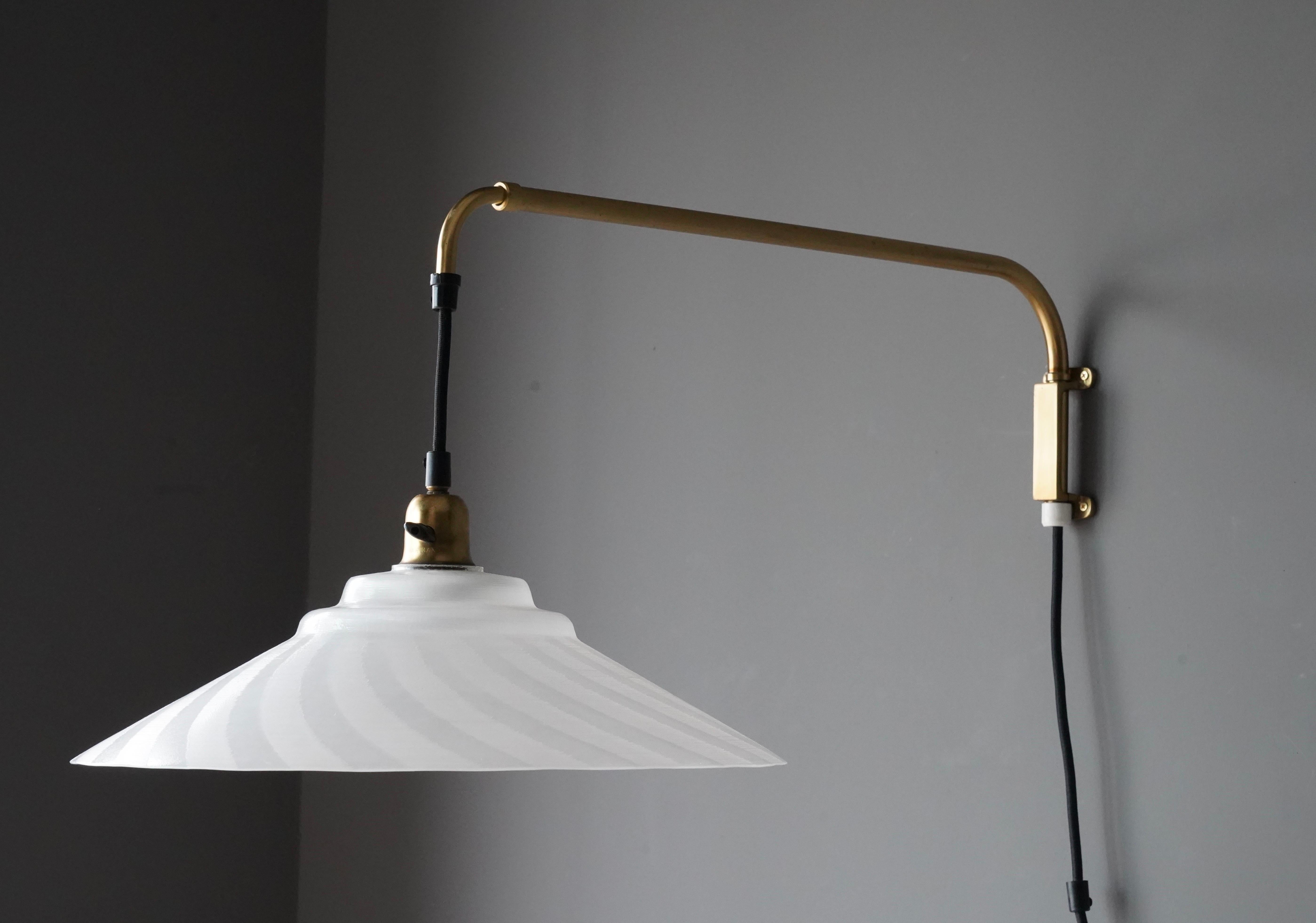 Mid-Century Modern Swedish, Adjustable Wall Light, Brass, Frosted Glass, Sweden, 1960s For Sale