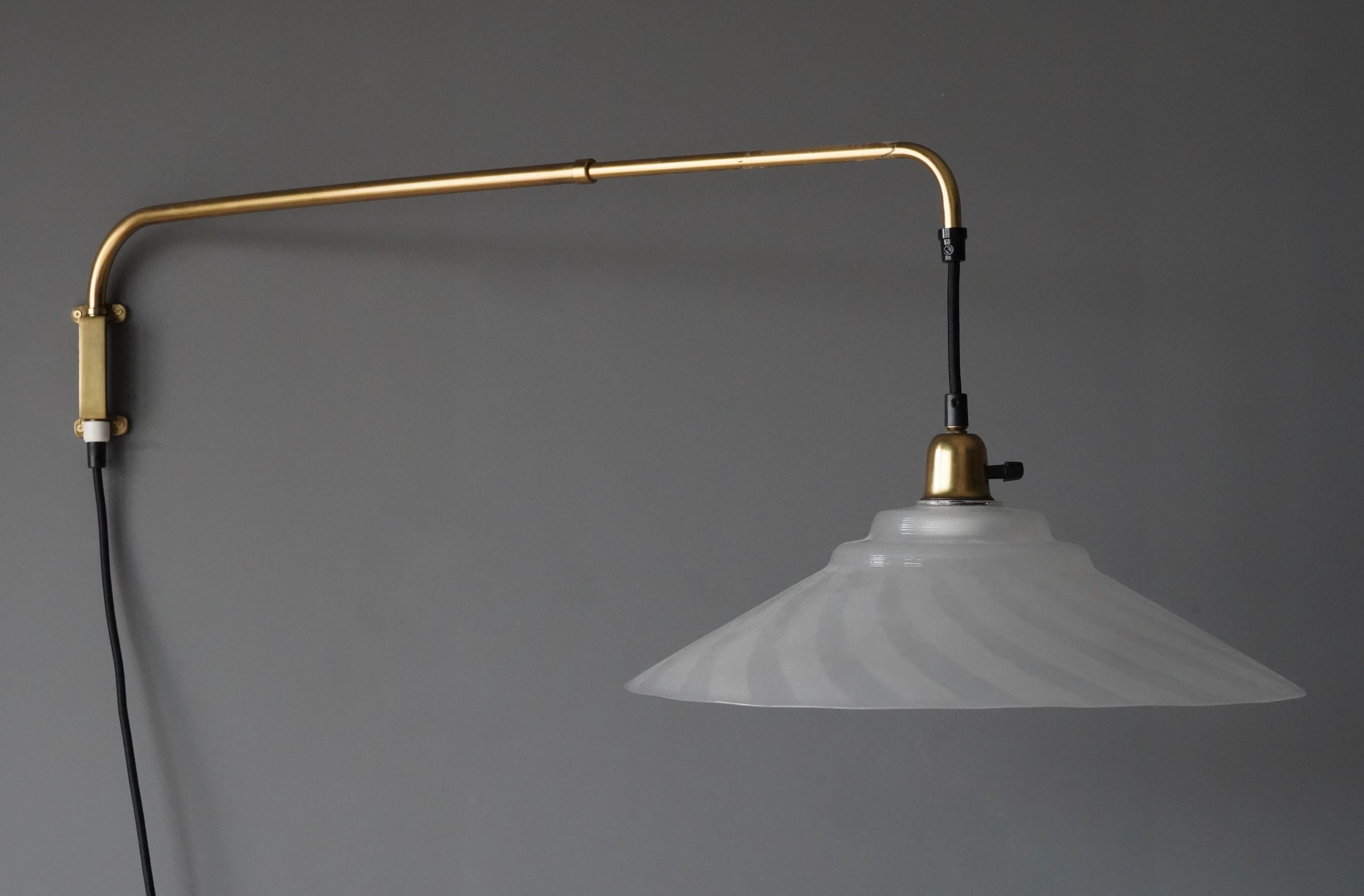 Mid-20th Century Swedish, Adjustable Wall Light, Brass, Frosted Glass, Sweden, 1960s For Sale