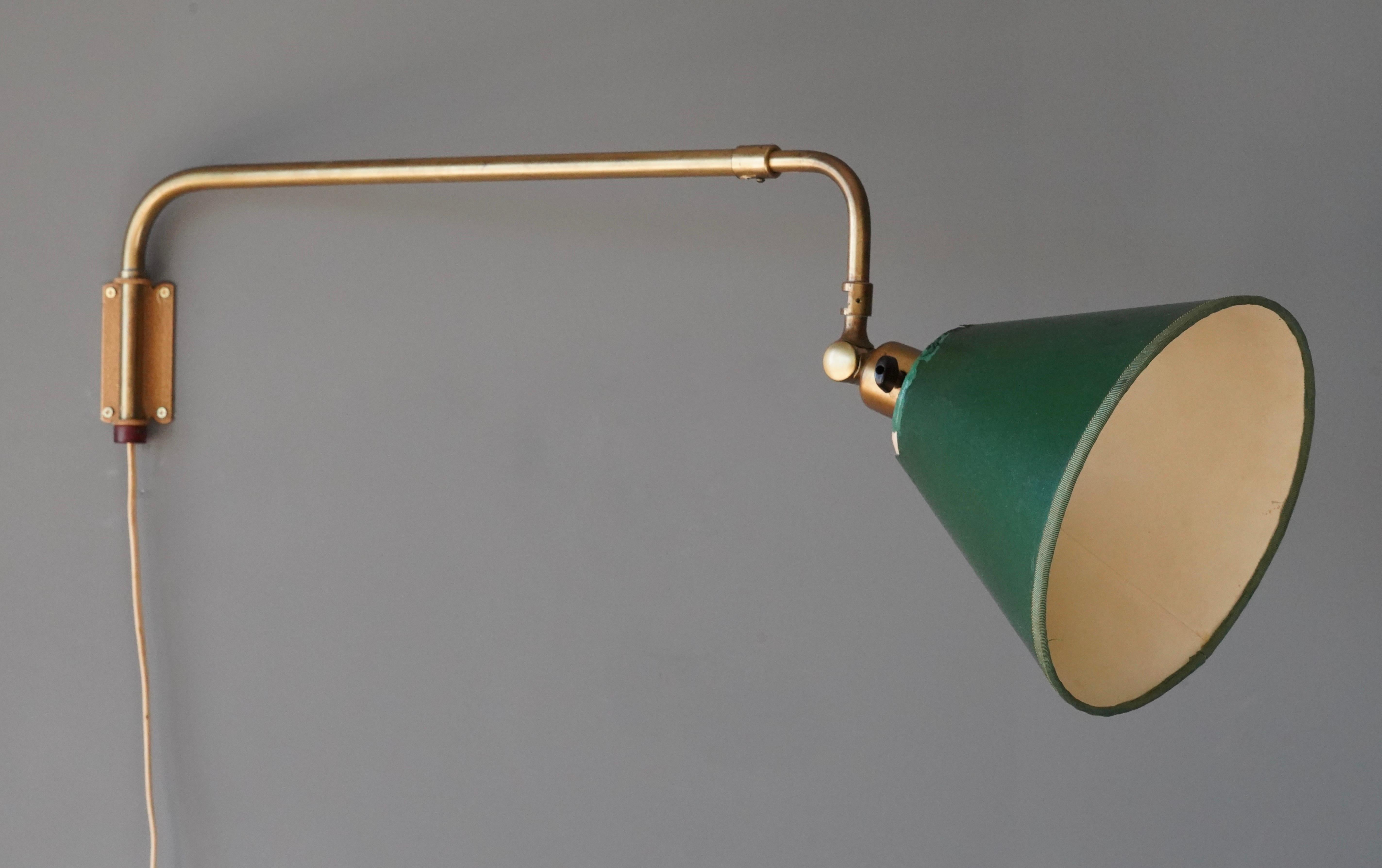 Scandinavian Modern Swedish, Adjustable Wall Light, Brass, Green Lacquered Paper, Sweden, 1940s For Sale