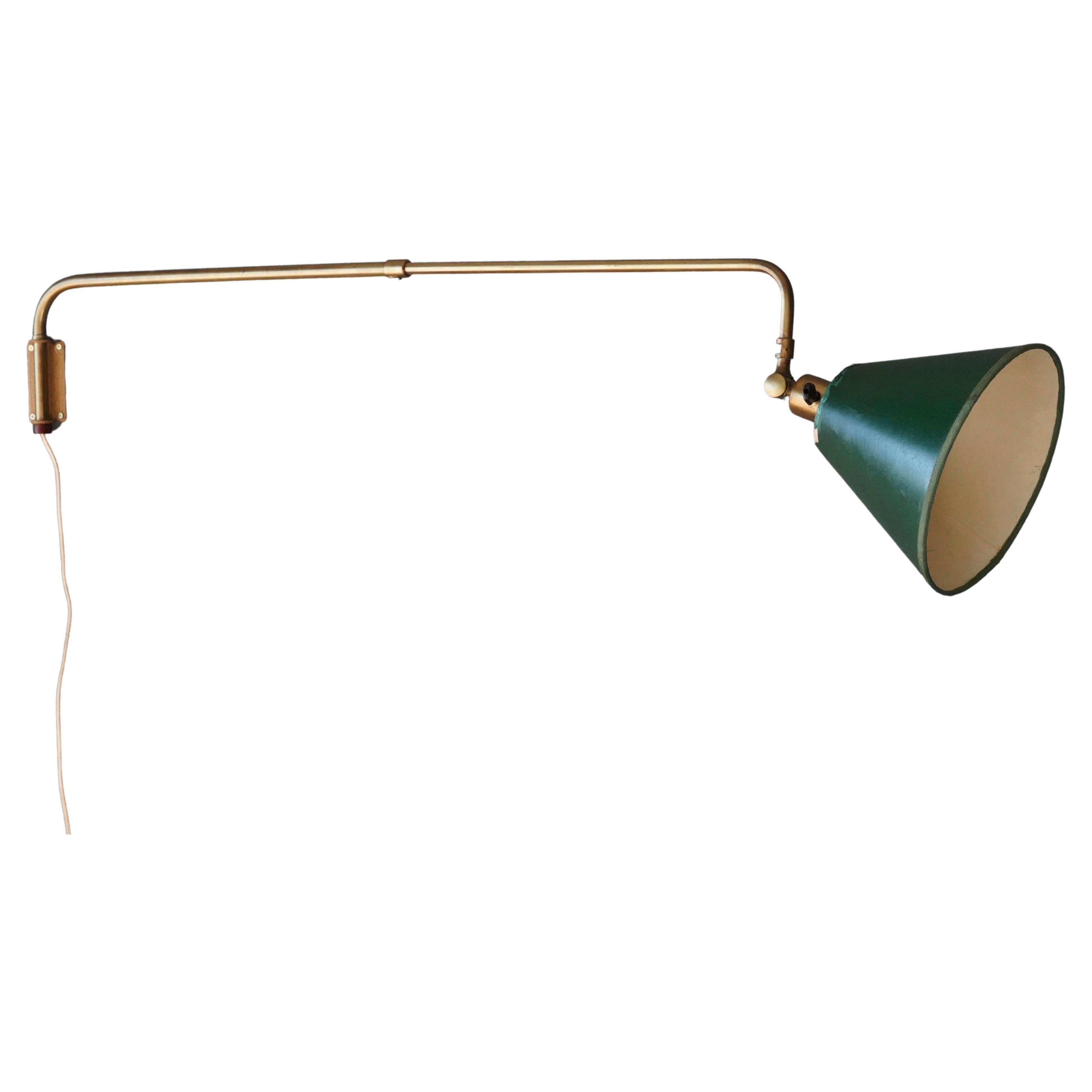 Swedish, Adjustable Wall Light, Brass, Green Lacquered Paper, Sweden, 1940s For Sale