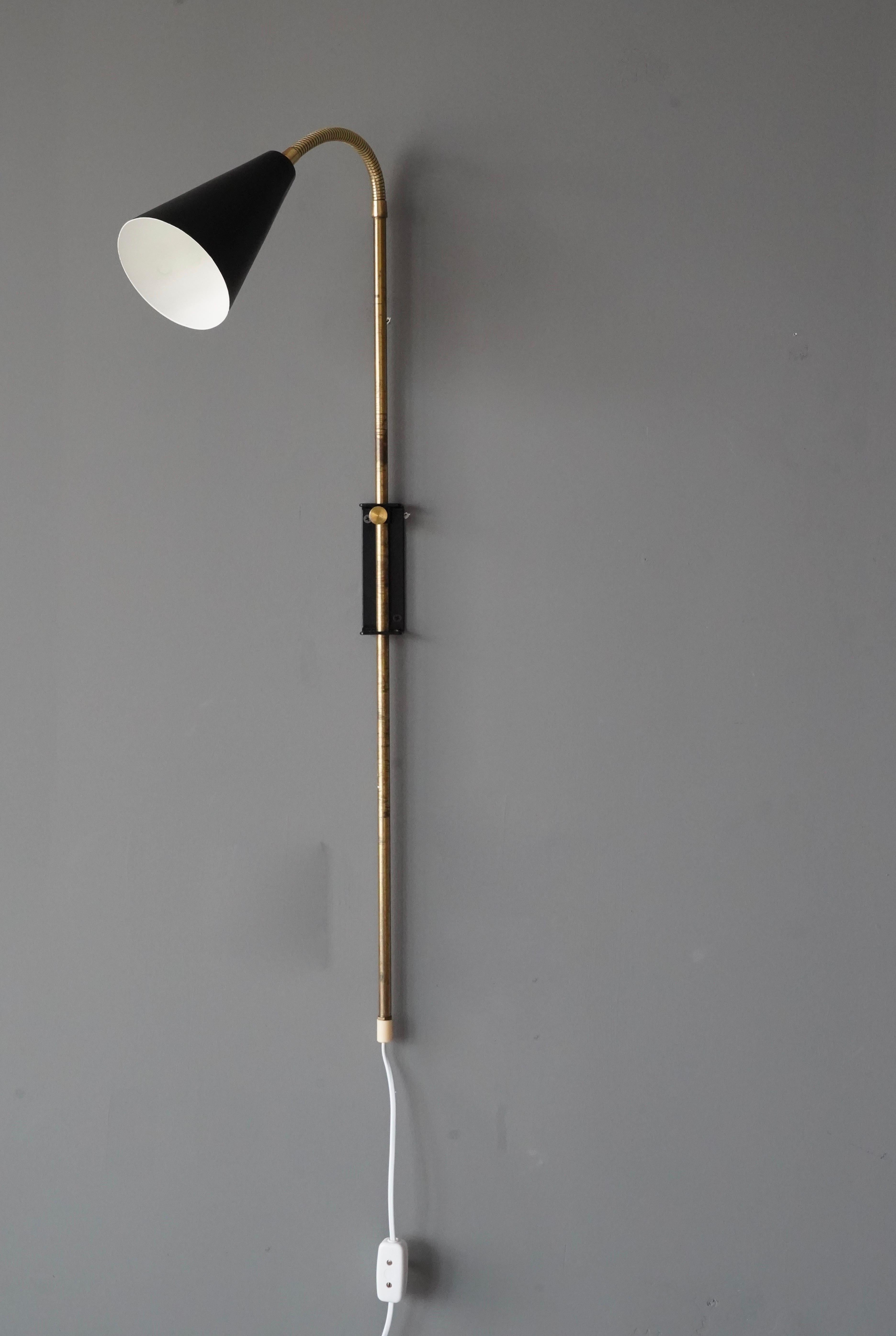 Mid-Century Modern Swedish Adjustable Wall Light Task Light Black Lacquer Metal Brass Sweden 1950s For Sale