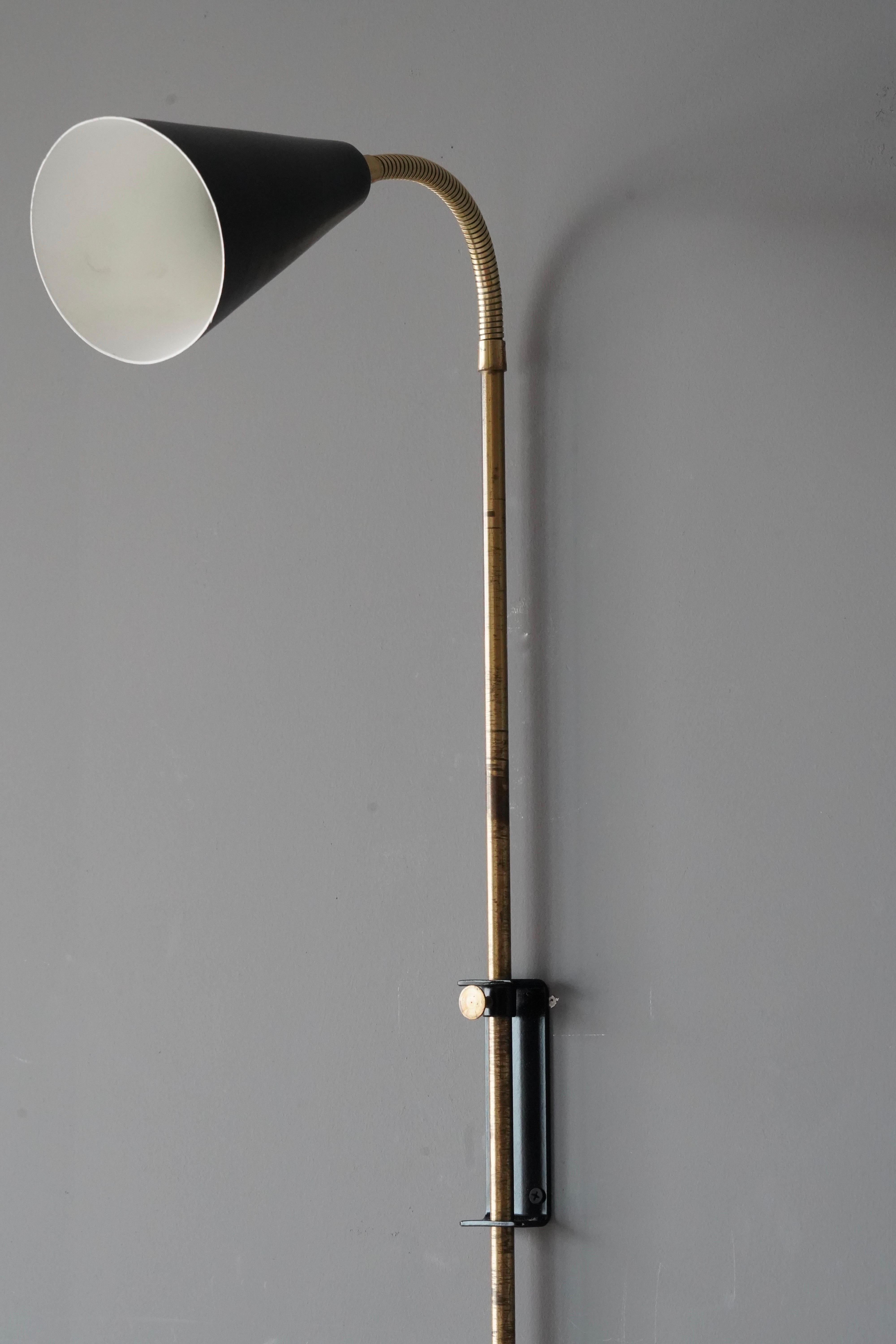 Mid-20th Century Swedish Adjustable Wall Light Task Light Black Lacquer Metal Brass Sweden 1950s For Sale