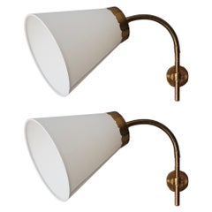 Swedish, Adjustable Wall Lights, Brass, White Fabric, Sweden, 1940s