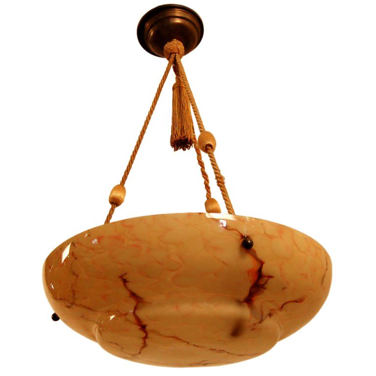 Swedish Hand-Painted Glass Alabaster Style Bowl Pendant Chandelier For Sale