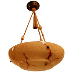 Swedish Hand-Painted Glass Alabaster Style Bowl Pendant Chandelier