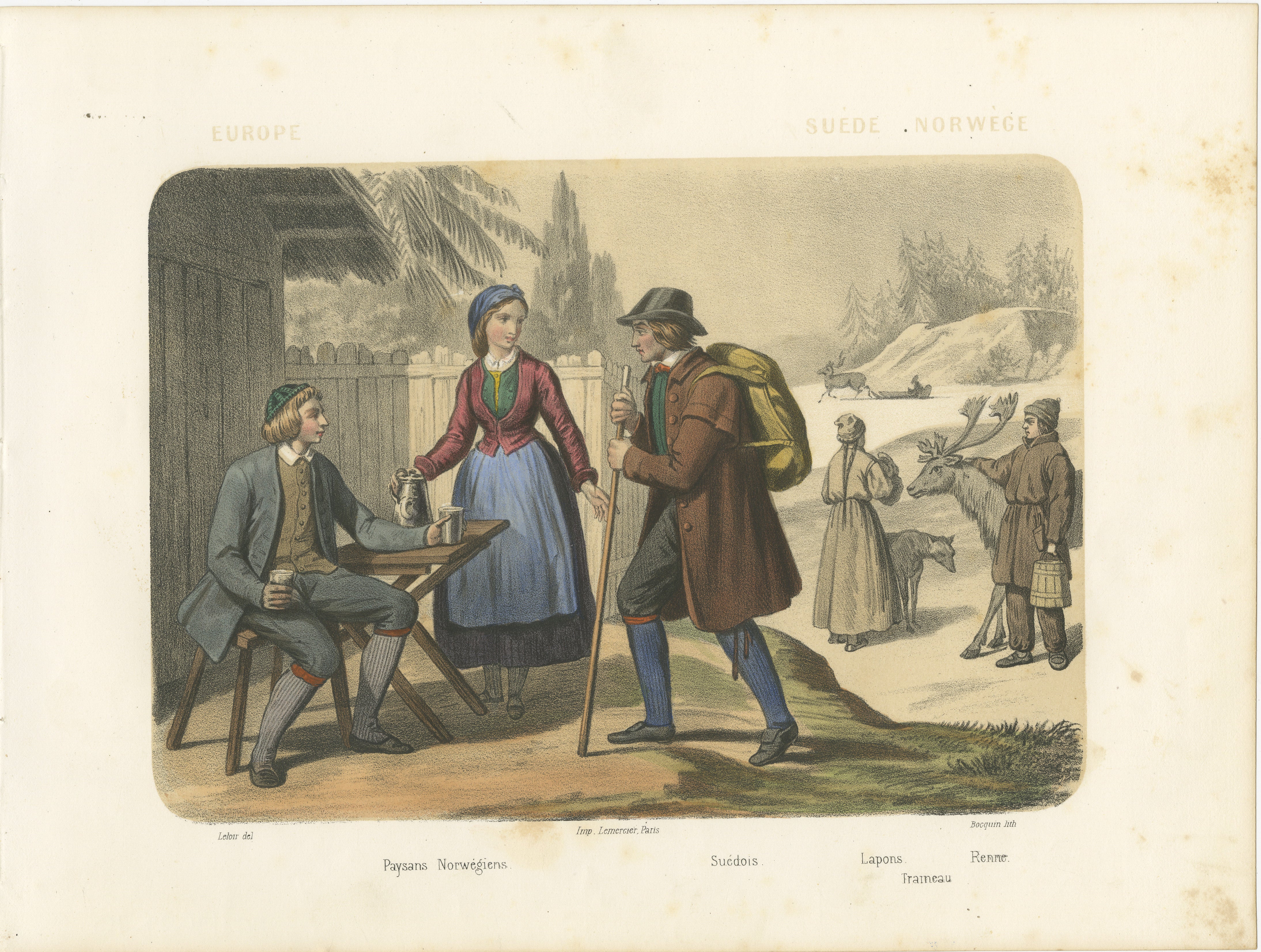 Costumes suédois et norvégiens - paysans, lapons et rennes, c.1845

Description :
Cette charmante lithographie coloriée à la main, intitulée 