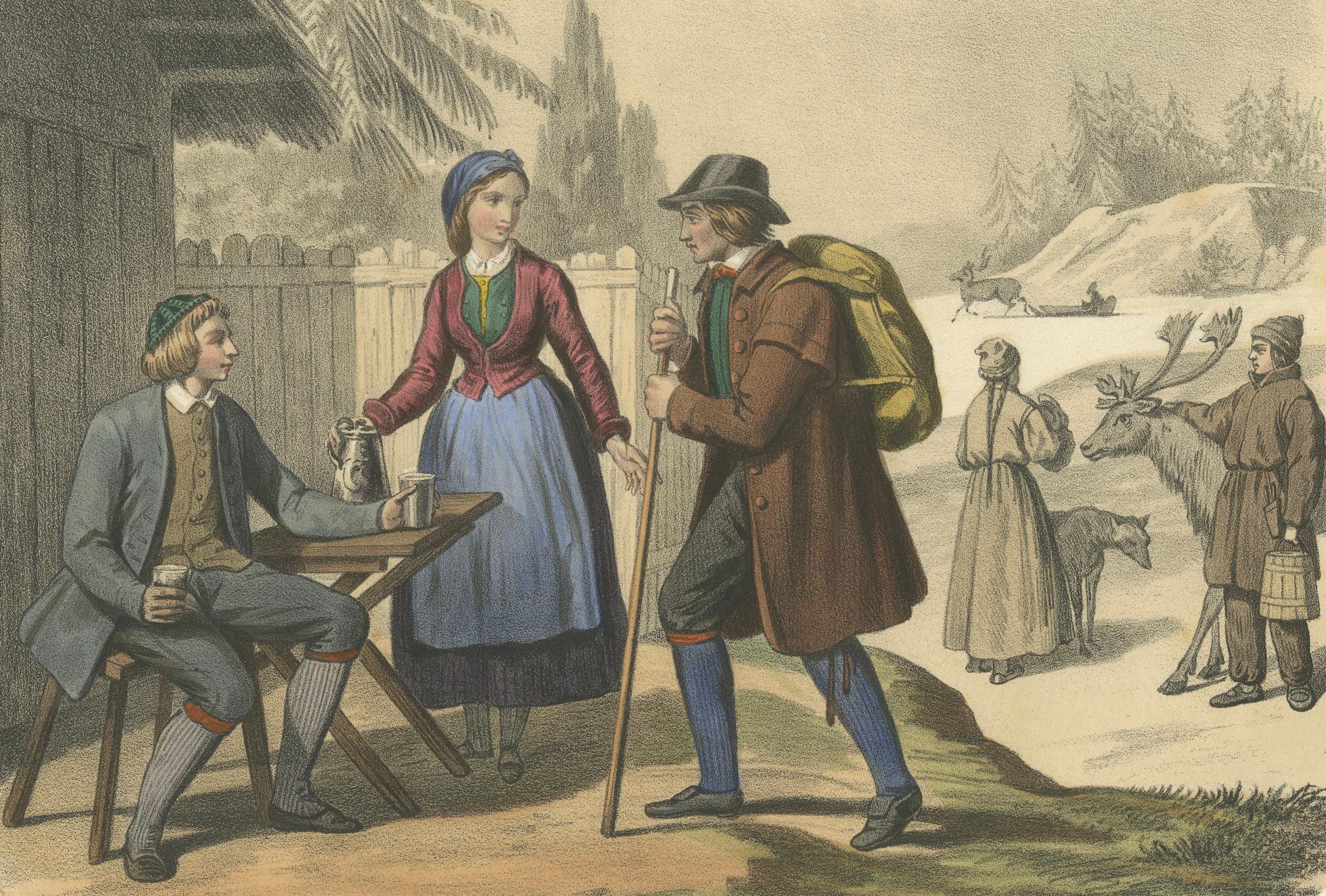 Français Costumes suédois et norvégiens - paysans, lapons et rennes, c.1845 en vente