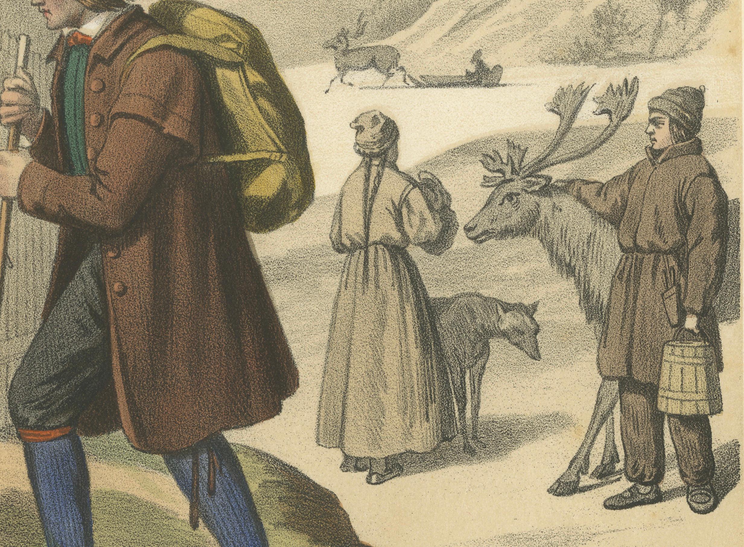 Costumes suédois et norvégiens - paysans, lapons et rennes, c.1845 Bon état - En vente à Langweer, NL