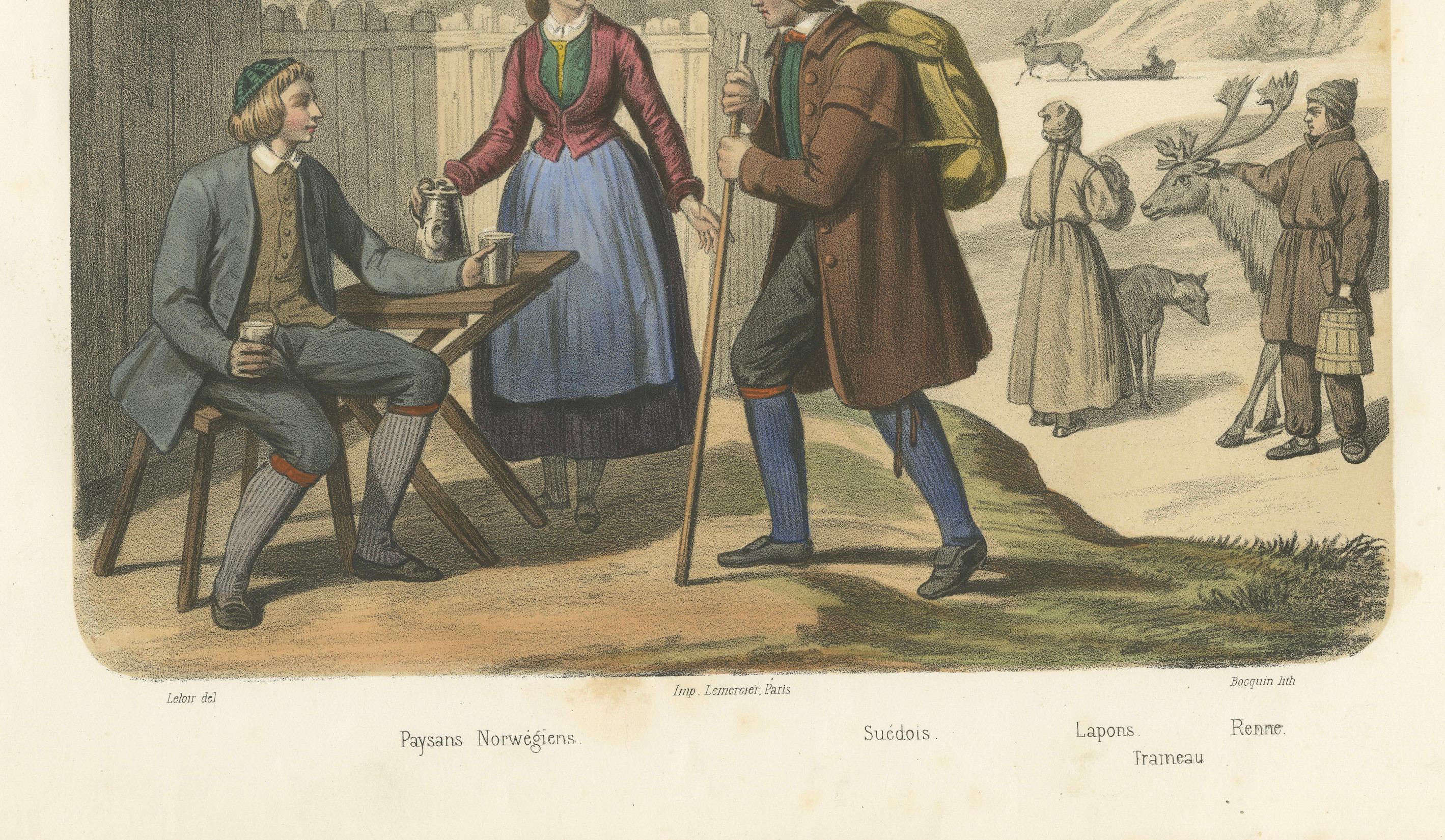 Papier Costumes suédois et norvégiens - paysans, lapons et rennes, c.1845 en vente