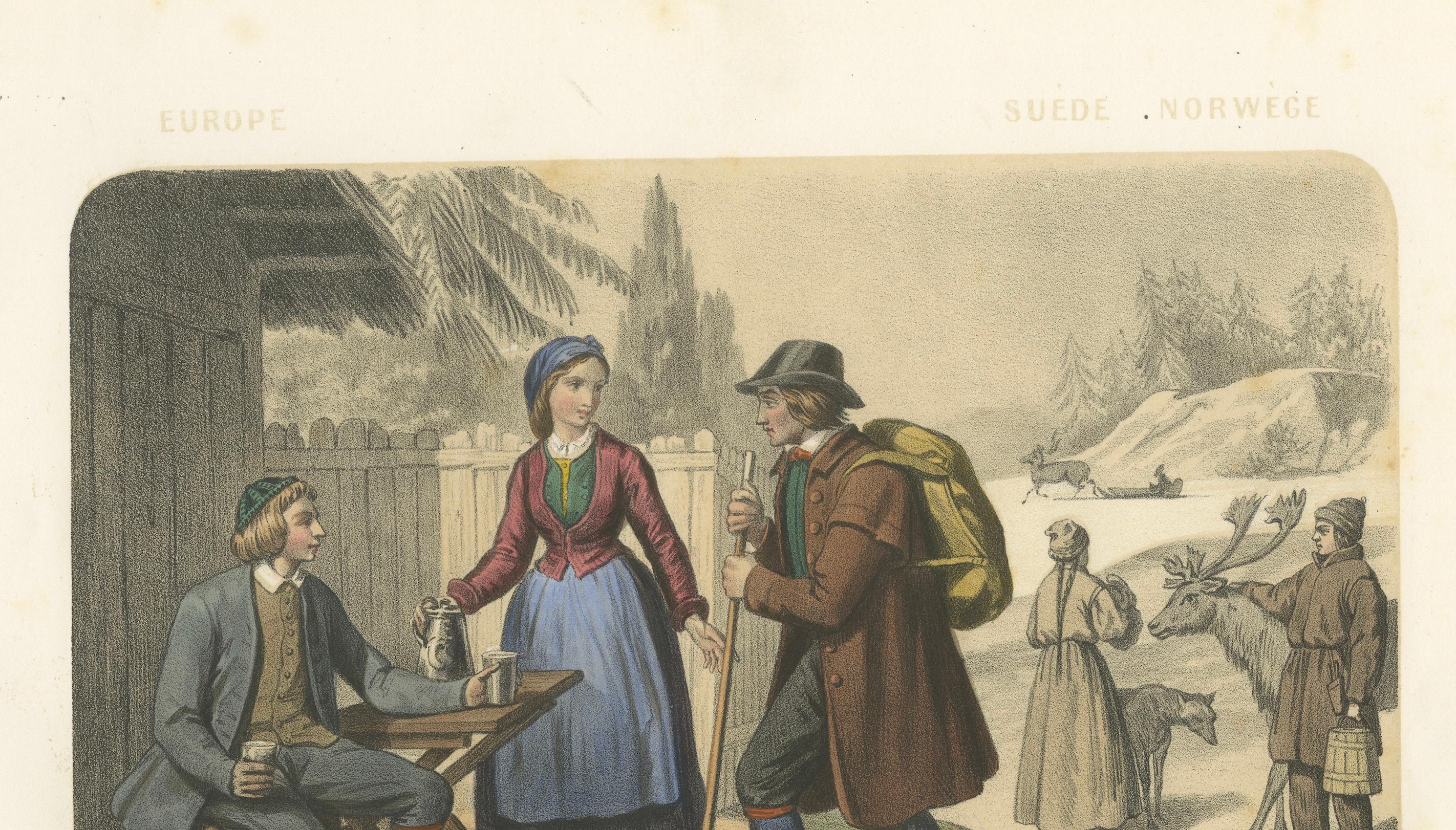 Costumes suédois et norvégiens - paysans, lapons et rennes, c.1845 en vente 1