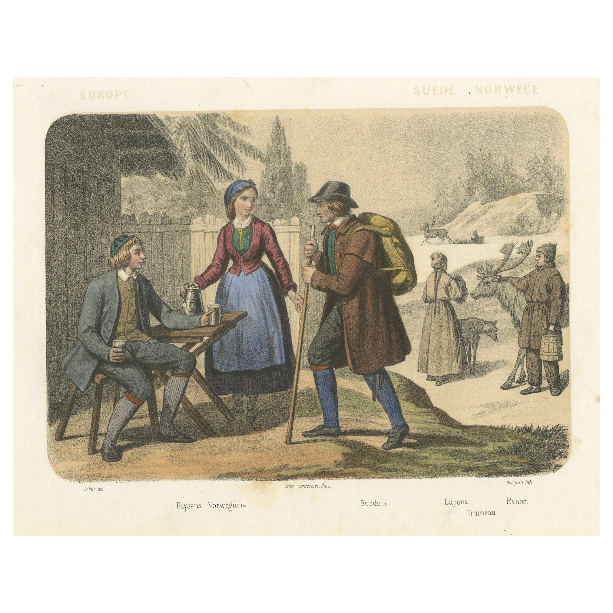 Costumes suédois et norvégiens - paysans, lapons et rennes, c.1845