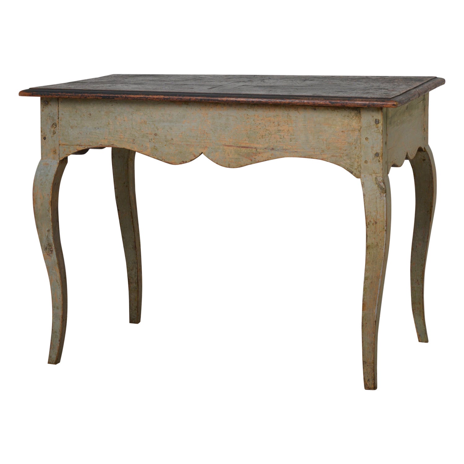 Mesa Rococó Sueca Antigua de 1770 con Pintura Original en Pino Sueco Macizo