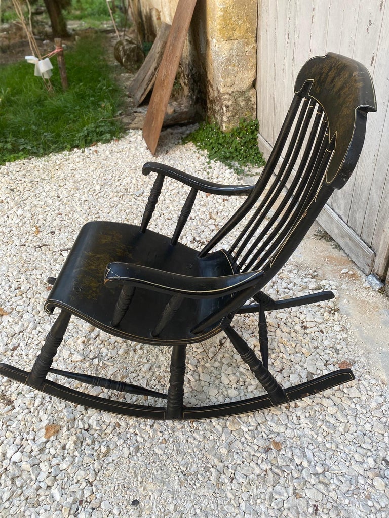 Swedish Antique Angel Rocking Chair Gungstol 6 Legs 1800s Black Gold For  Sale at 1stDibs