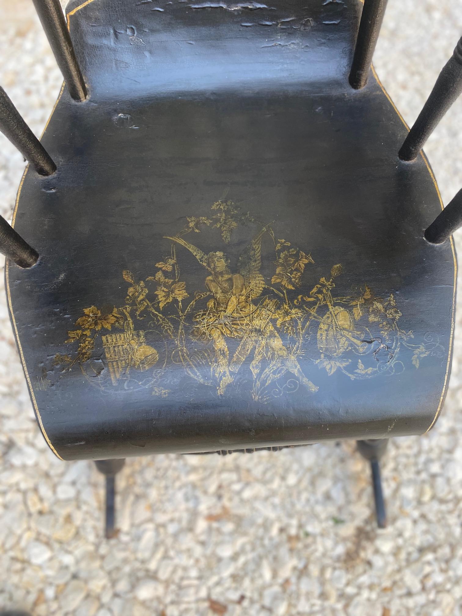 Gustavian Swedish Antique Angel Rocking Chair Gungstol 6 Legs 1800s Black Gold