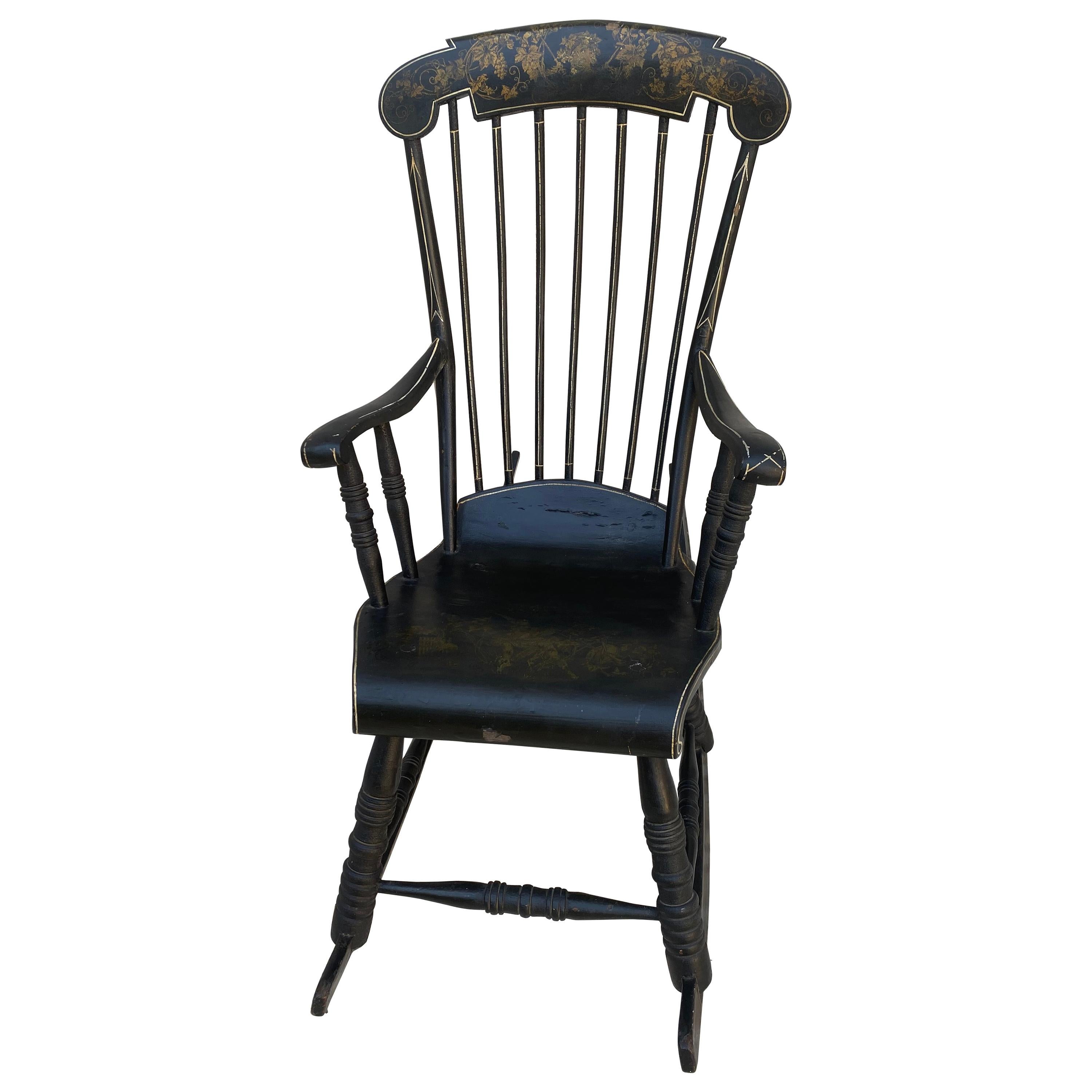 Swedish Antique Angel Rocking Chair Gungstol 6 Legs 1800s Black Gold