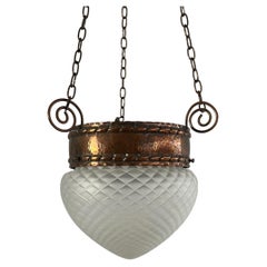Swedish Antique Art Nouveau Copper and Glass Pendant Light