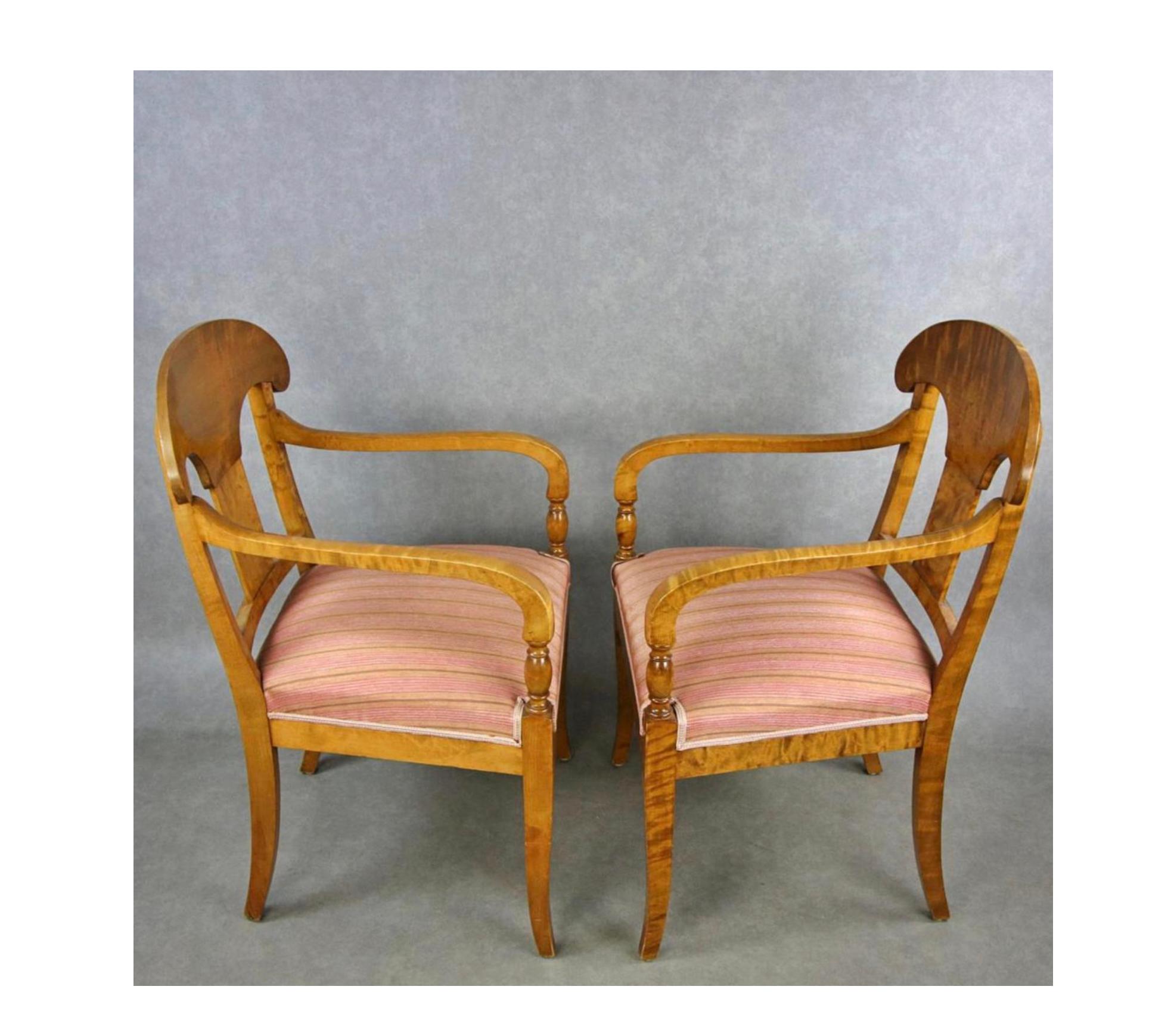 Carved Swedish  Antique Biedermeier Carver Chairs 1800s Quilted Golden Birch A For Sale