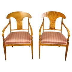 Swedish  Antique Biedermeier Carver Chairs 1800s Quilted Golden Birch A